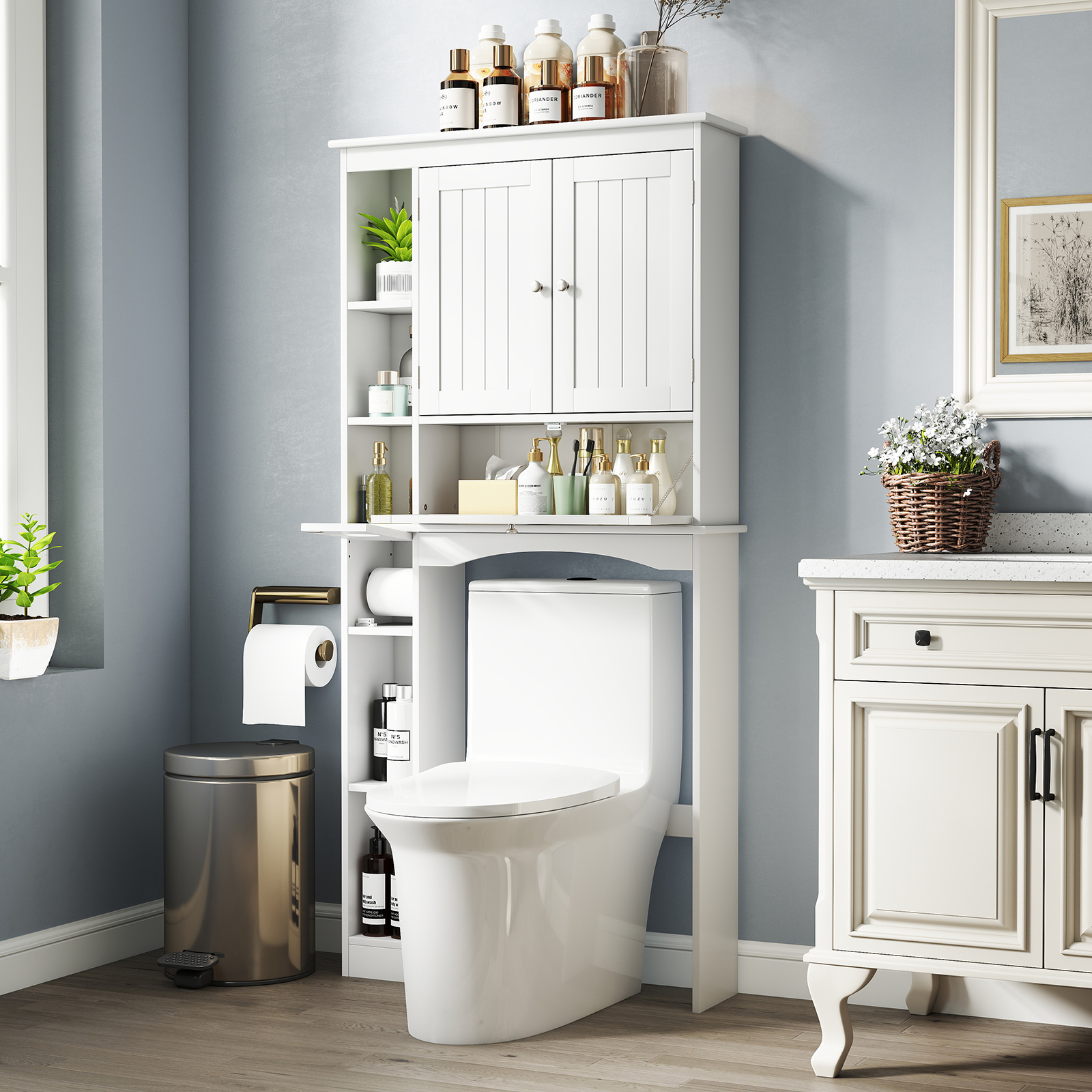 Over The Toilet Storage Cabinet, Bathroom Storage Organizer With Toilet Paper Holder, Doors, Adjustable Shelf