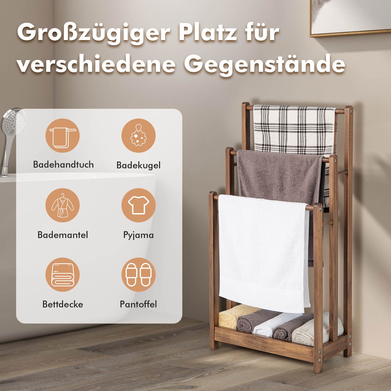 Image of Freestanding Wood Towel Rack, Towel Rack Holder With Bottom Storage Shelf, Lightweight Towel Bar Storage Drying Stand