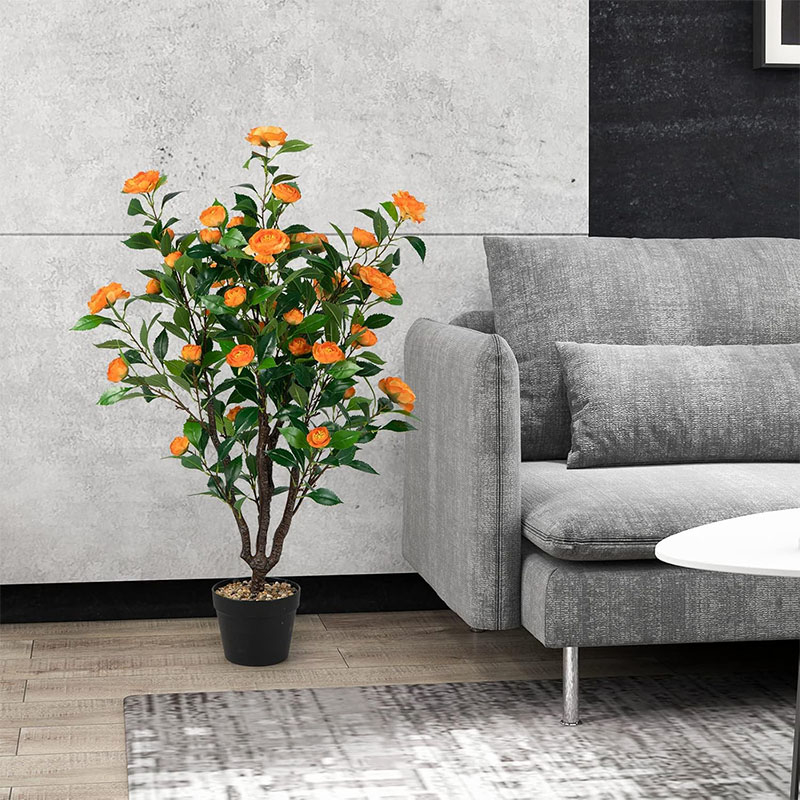 Image of 40" Artificial Camellia Tree, Faux Flower Plant Artificial Tree In Cement Pot, Greenery Potted Plant