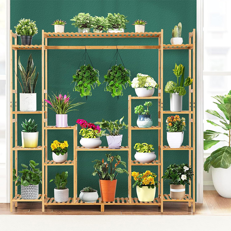 Image of 9 Tier Bamboo Plant Stand With Hanging Rack And Anti-dumping Device, 2-in-1 High-low Plant Holder Shelf, Corner Flower Pot Stand