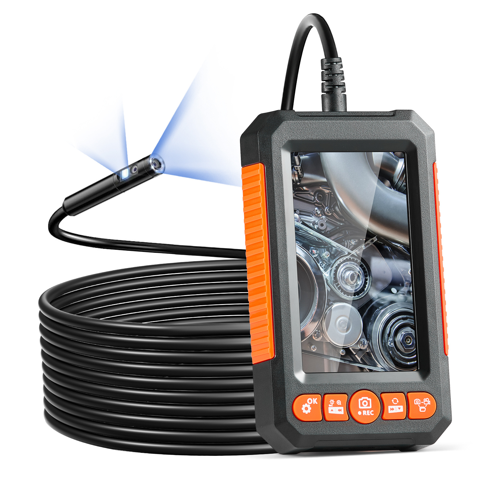 TEMU Caméra endoscope VEVOR avec éclairage, borescope à double lentille, câble de 499,9 cm, écran de 10,9 cm, câble semi-rigide de 5 m