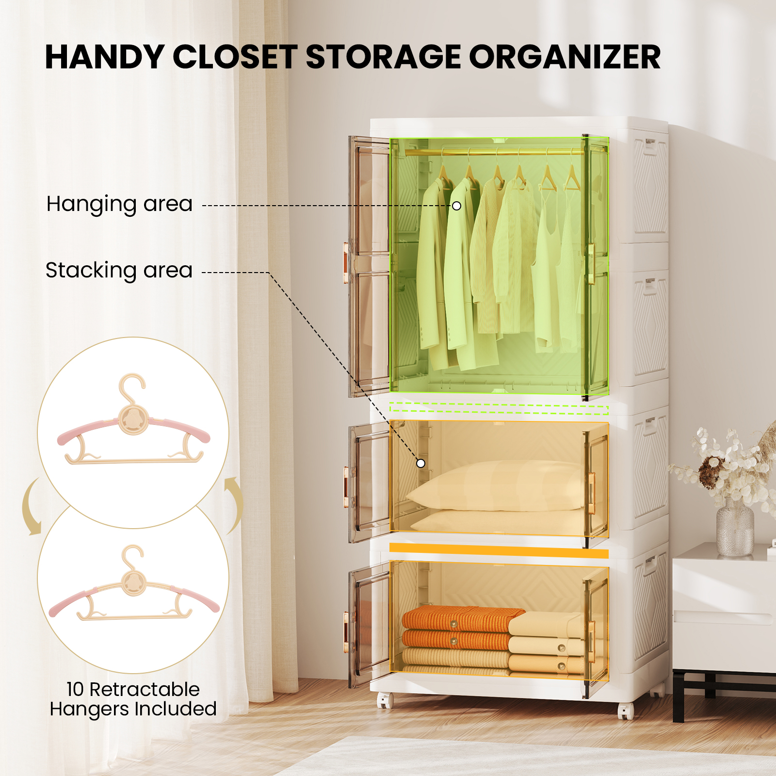 Portable Wardrobe Closet Organizer, Large Storage Containers With 10 Hangers, Folding Plastic Storage Box With Wheels