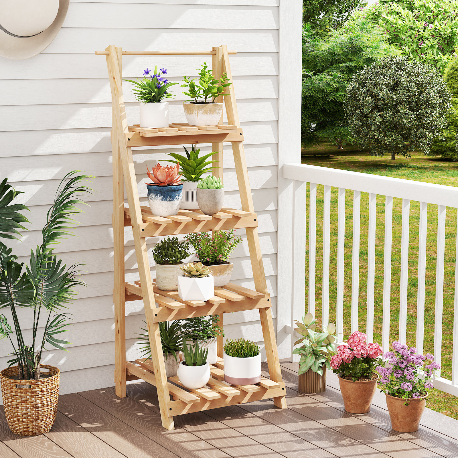 Image of Pine Tree Plant Stand, 4 Level Stair Plant Shelf, Folding Flower Shelf, For Living Room, Balcony, Garden, Office