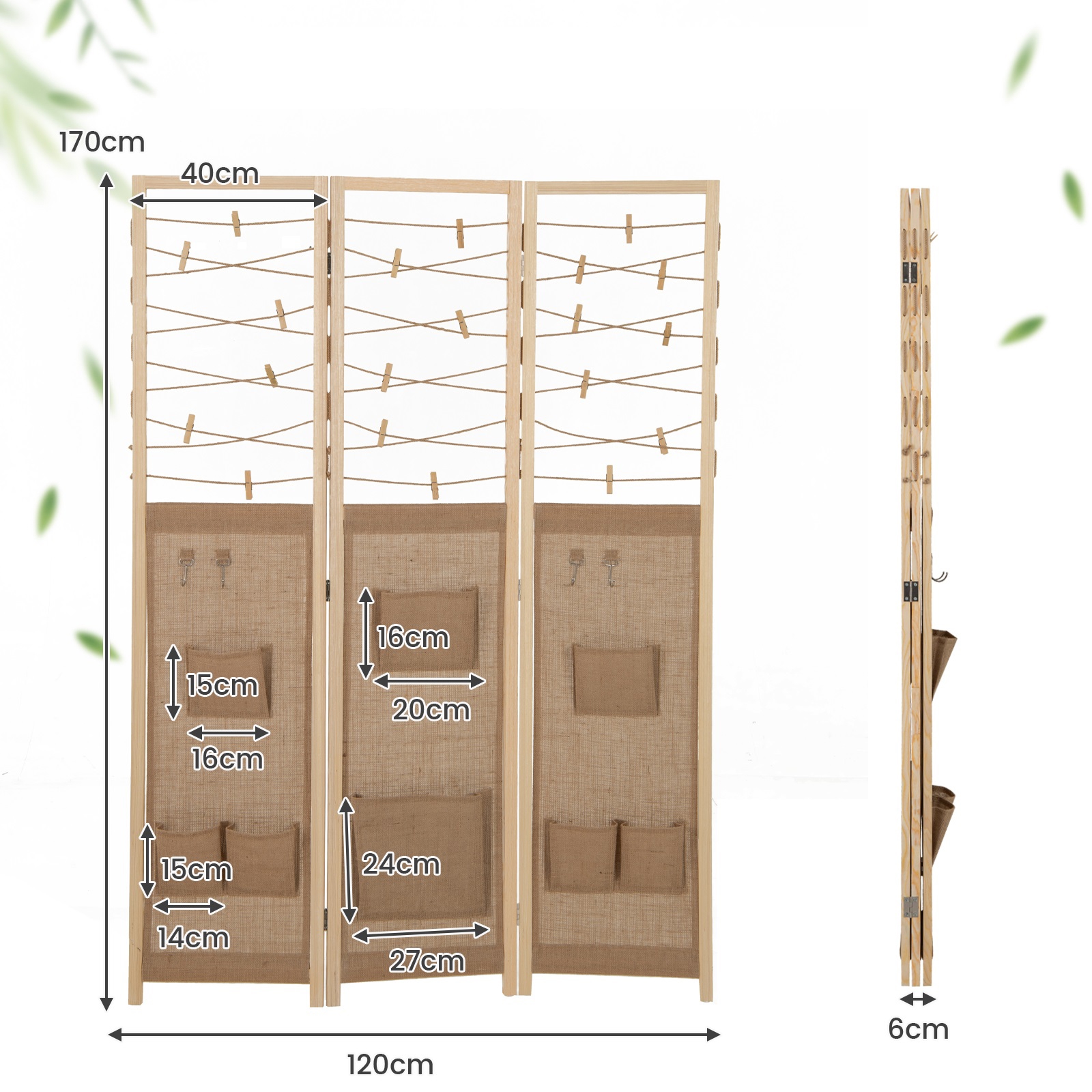 Image of 3-panel Room Divider, Stand With 8 Storage Pockets, 4 Hooks, Hanging Ropes, Boho Wooden Space Separator For Home, Shops, Craft Shows, 20 Bamboo Clips Included
