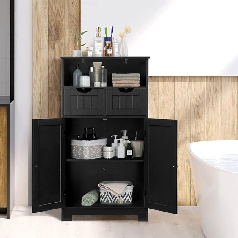 Image of Freestanding Bathroom Cabinet With Movable Board And 2 Adjustable Drawers, 2 Door Standing Storage Unit