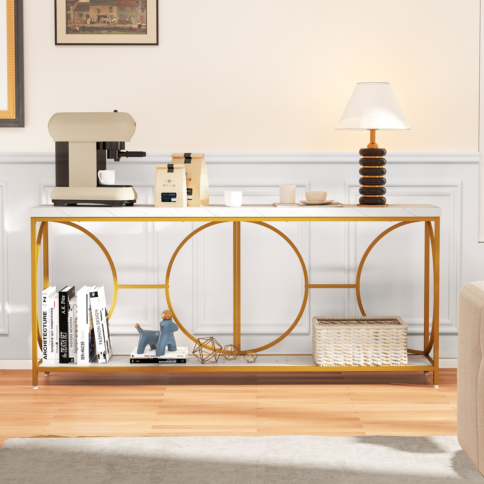 Image of 180cm Console Table, Entrance Table Narrow Marble Optics, Sofa Table With Geometric Metal Frame, Side Table Gold + White, For Living Room, Hallway, Entrance, Modern