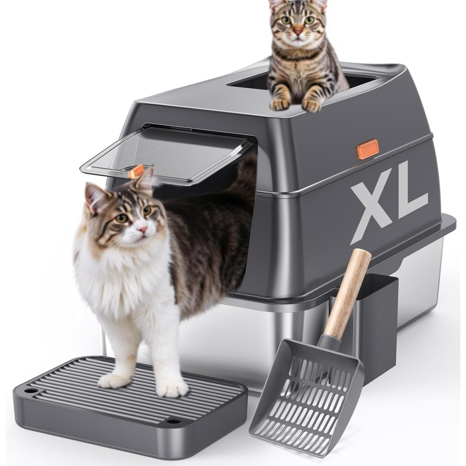 E-shop Extra große Edelstahl-Katzenklo mit Deckel, große geschlossene Metall-Katzenklo mit Katzentoilettenschaufel, geeignet für große Katzen & kleine