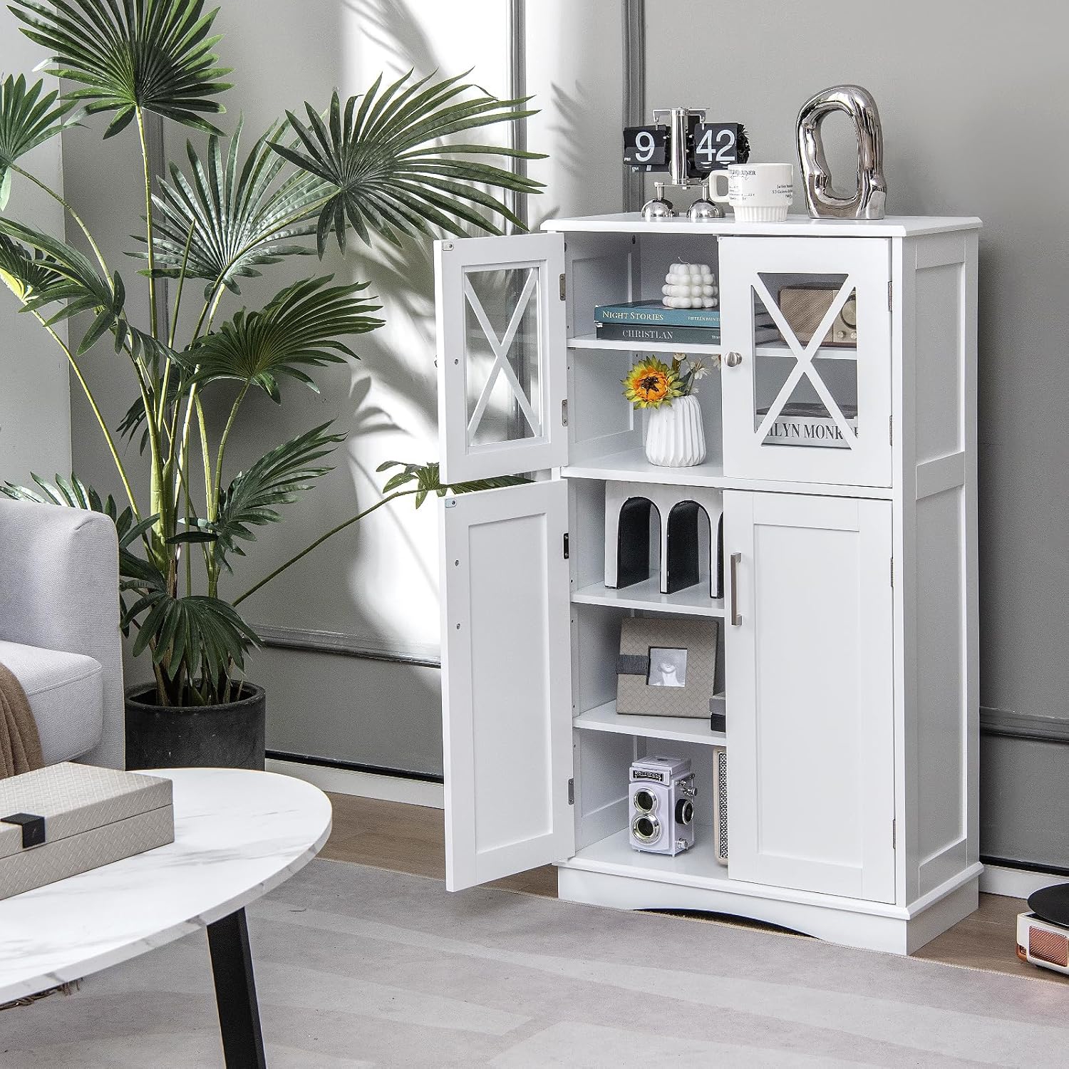 Bathroom Floor Cabinet, Storage Cabinet Glass Doors, Freestanding Storage Organizer For Bathroom, Living Room
