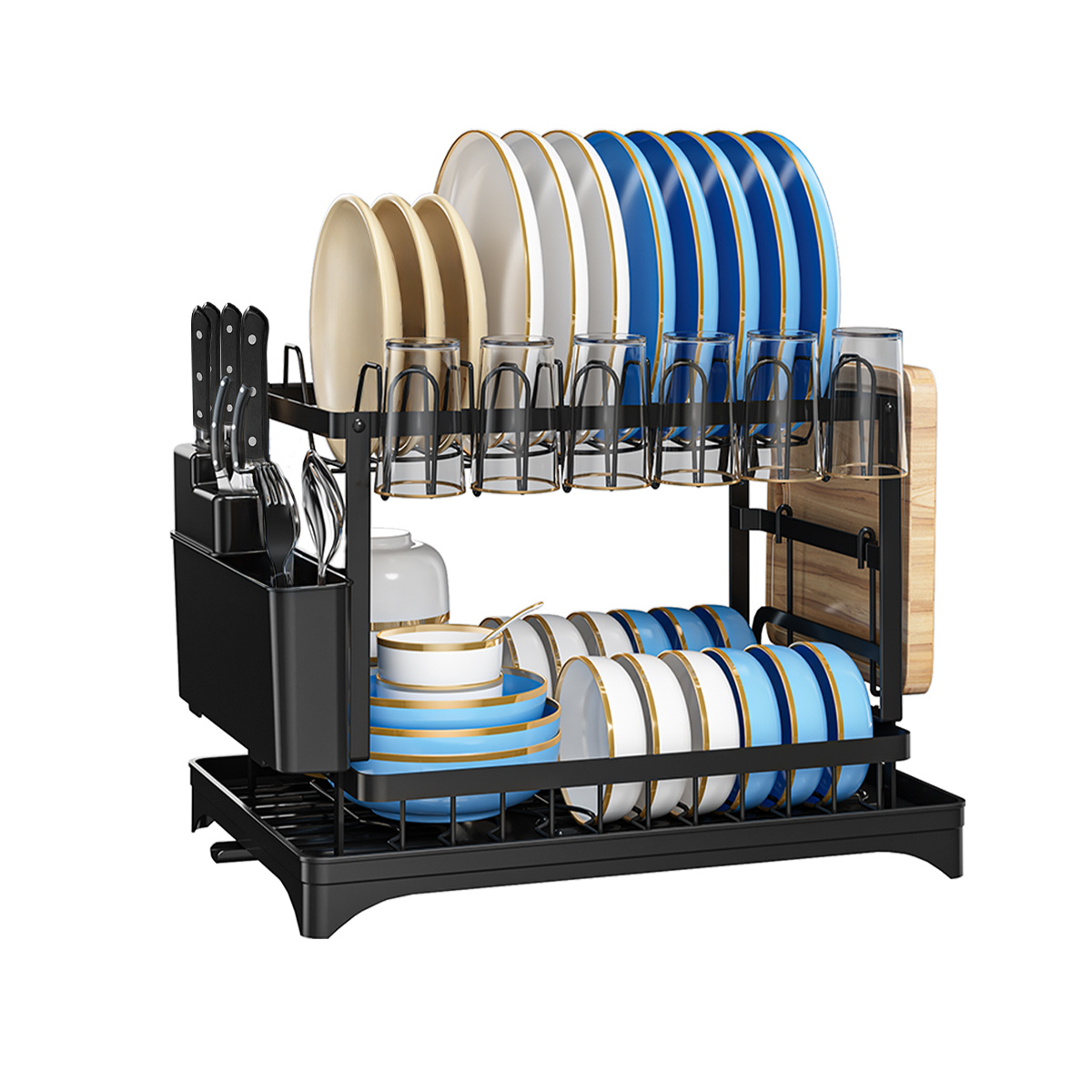 ® Space- Metal Dish Drying Rack, 2-tier Dish Drainer With Drip Tray & Swivel Spout For Sink, Dish Drying Rack With Glass Holder, Durable Dish Drying Stand, Dish Drying Rack ( + Accessories, Black)