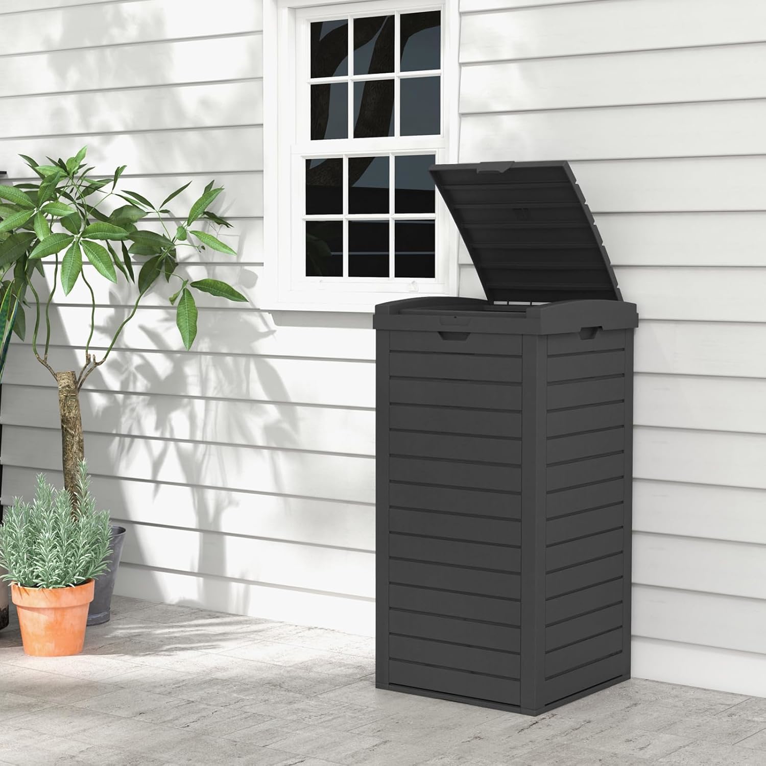 17l Resin Outdoor Trash Bin With Lid And Lower Sliding Panel, Recycling Container For Indoor And Outdoor
