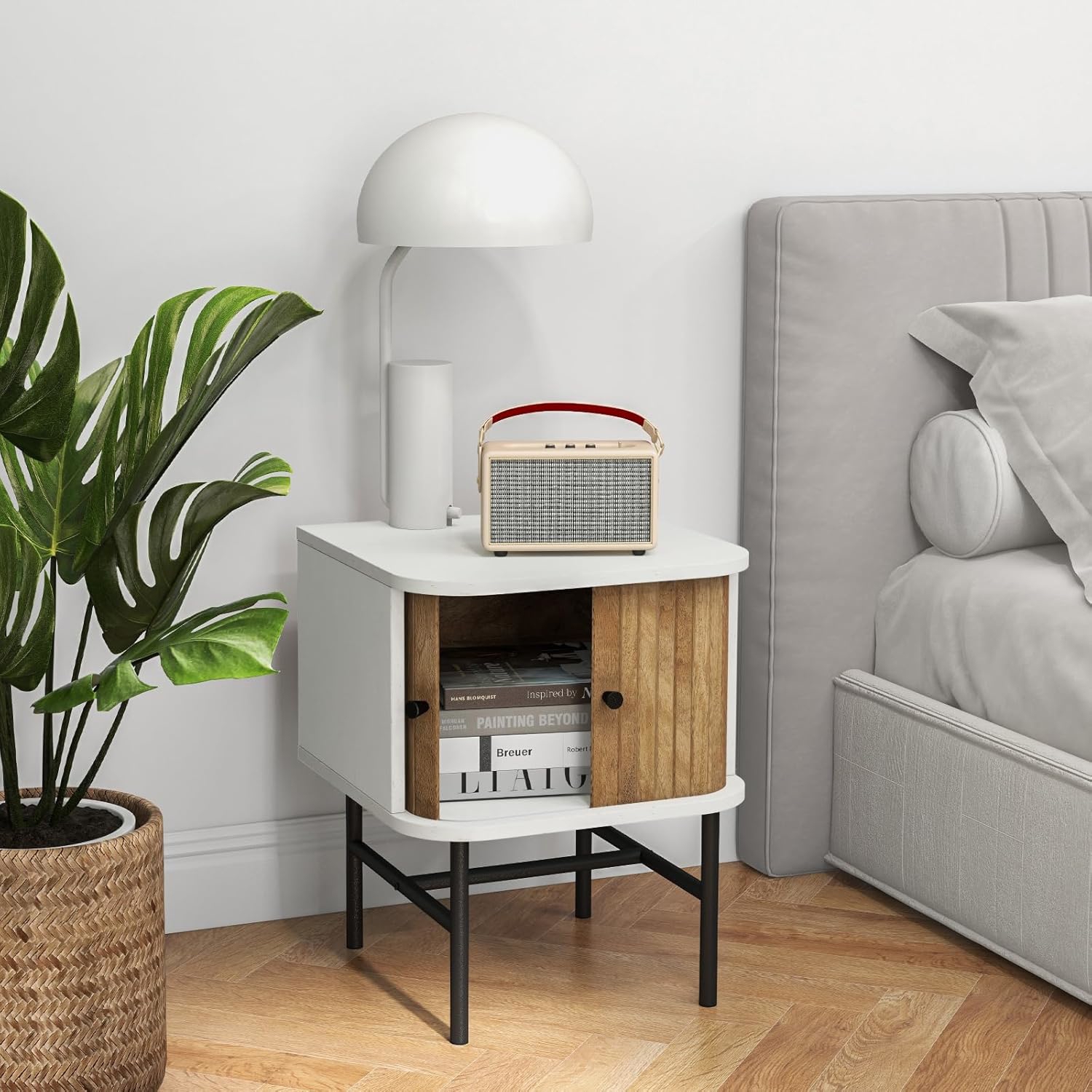 Image of Nightstand With Sliding Doors, Mid-century Modern Bedside Table With Storage Cabinet, Floor Side Table With Metal Legs, Compact End Table For Living Room, Bedroom, Small Space, White