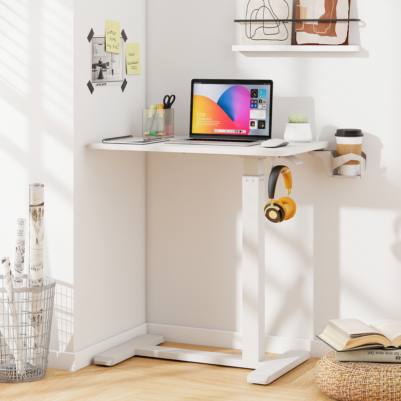 Image of Mobile Standing Desk, Height Adjustable Overbed Bedside Table W/ Cup Holder & Headphone Hook, Pneumatic Rolling Laptop Desk W/ Hidden Wheels, Sofa Side Table For Living Room Bedroom Study, White