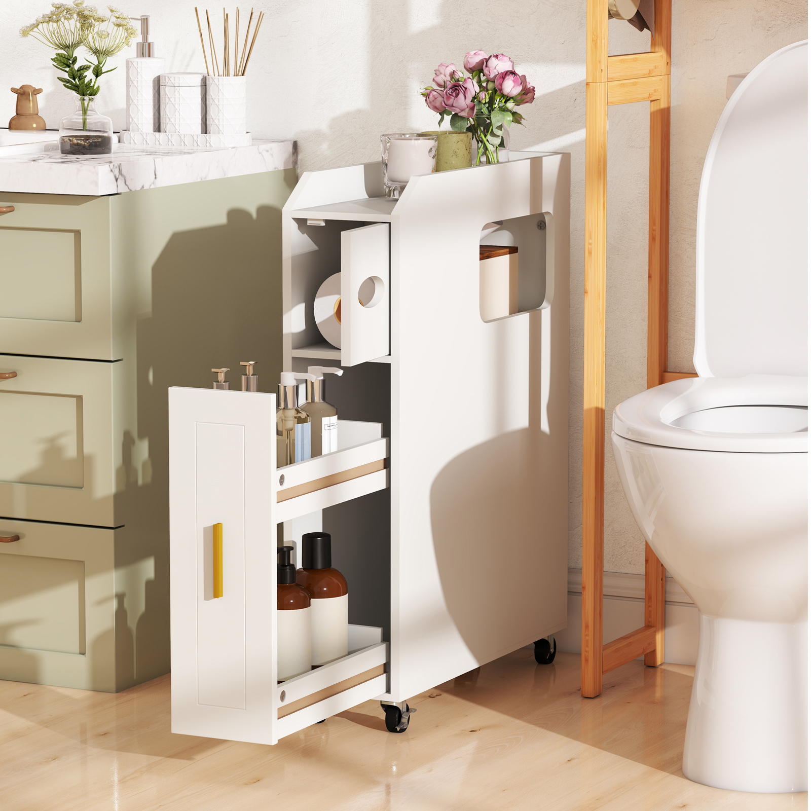 16 Bathroom Cabinet, Rolling Toilet Storage Cart With Toilet Paper