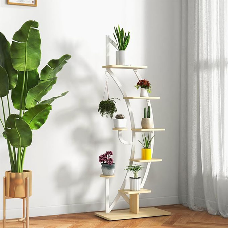 Image of 7 Tier Tall Metal Plant Stand Rack, Curved Half Moon Shape Ladder Planter Shelf With Top Hook, Anti-toppling Device