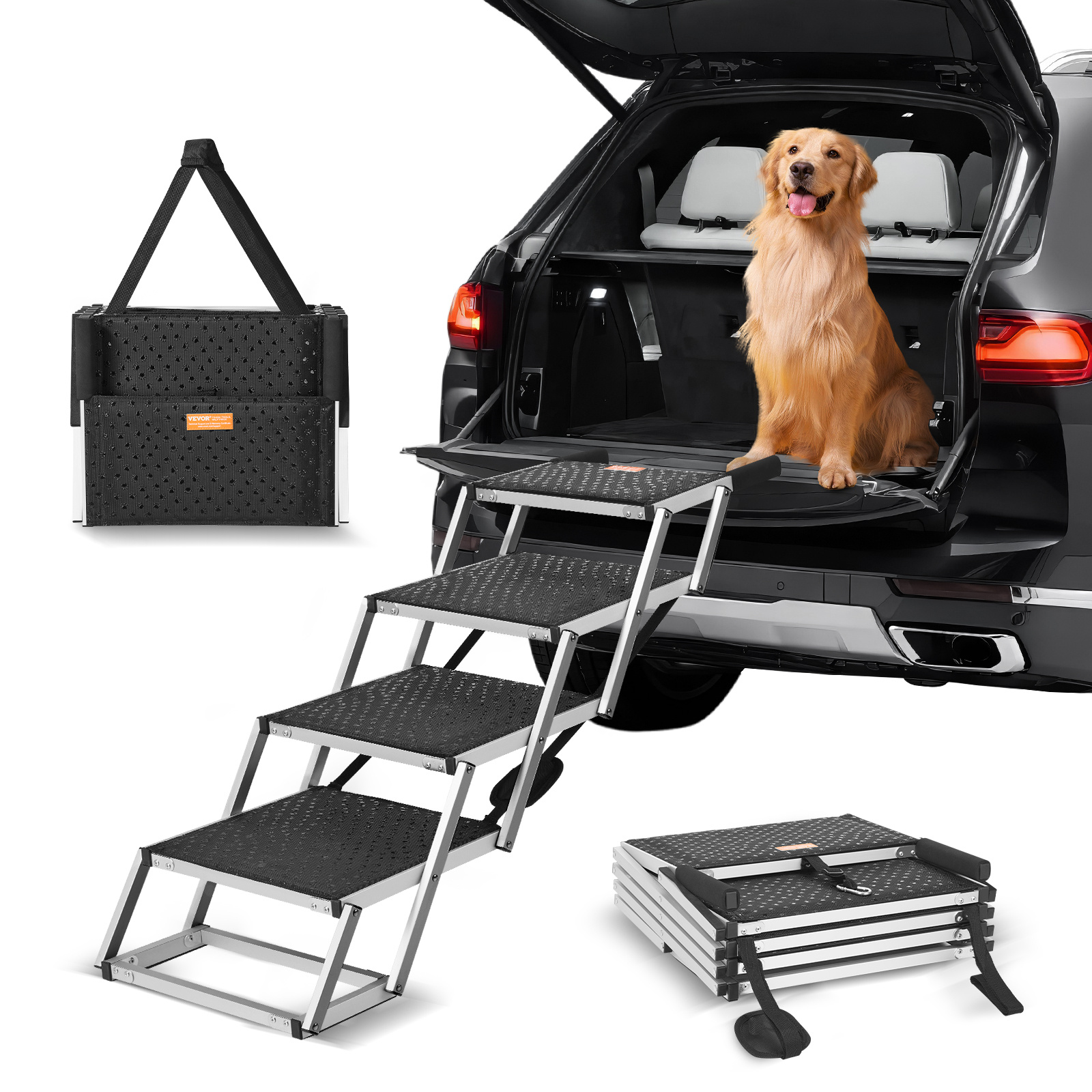 Vevor Dog Stair For Cars 4-step Folding Dog Steps Aluminum Up To 68 Kg