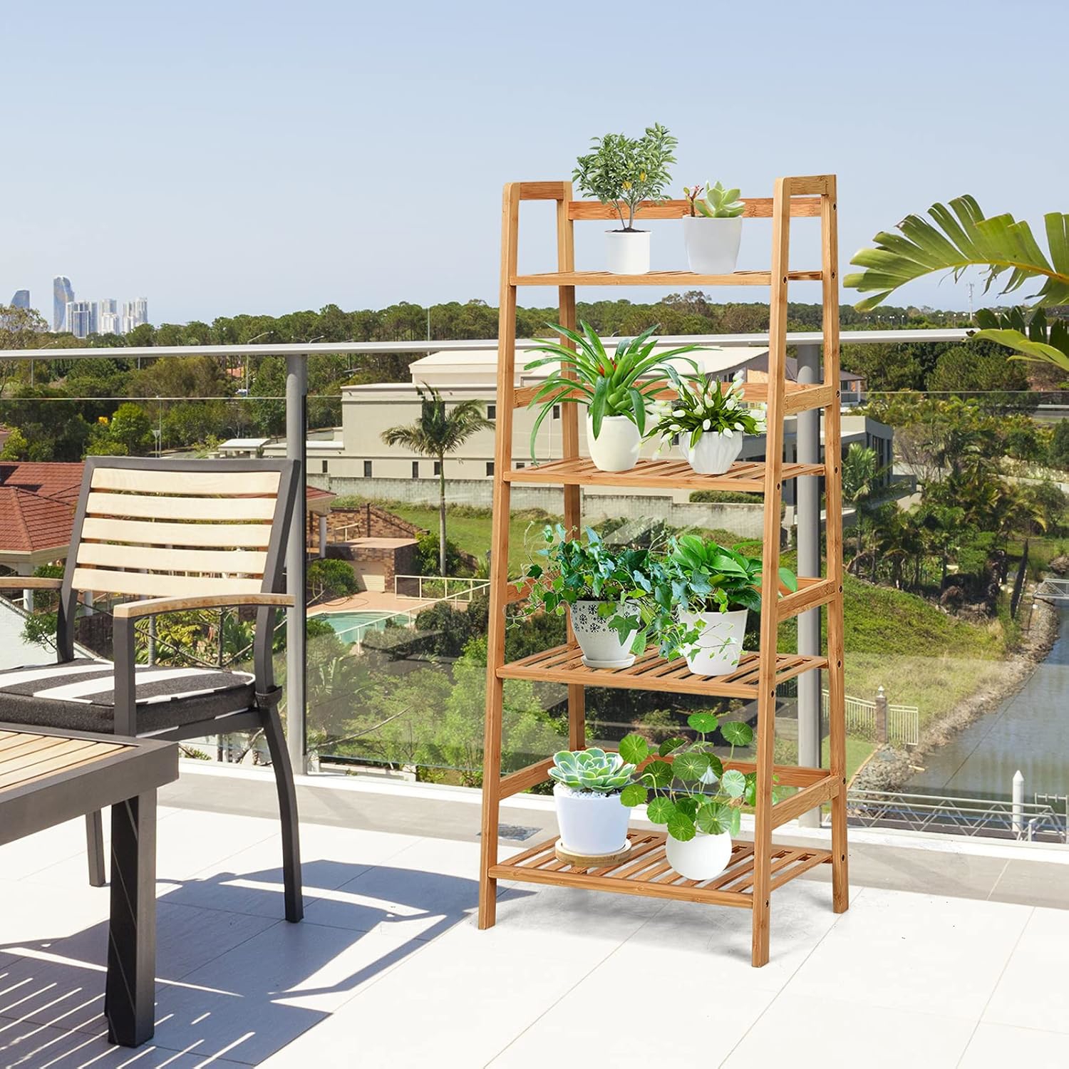 4 Tier Bamboo Plant Rack, Freestanding Flower Ladder Stand With Stable And Space-