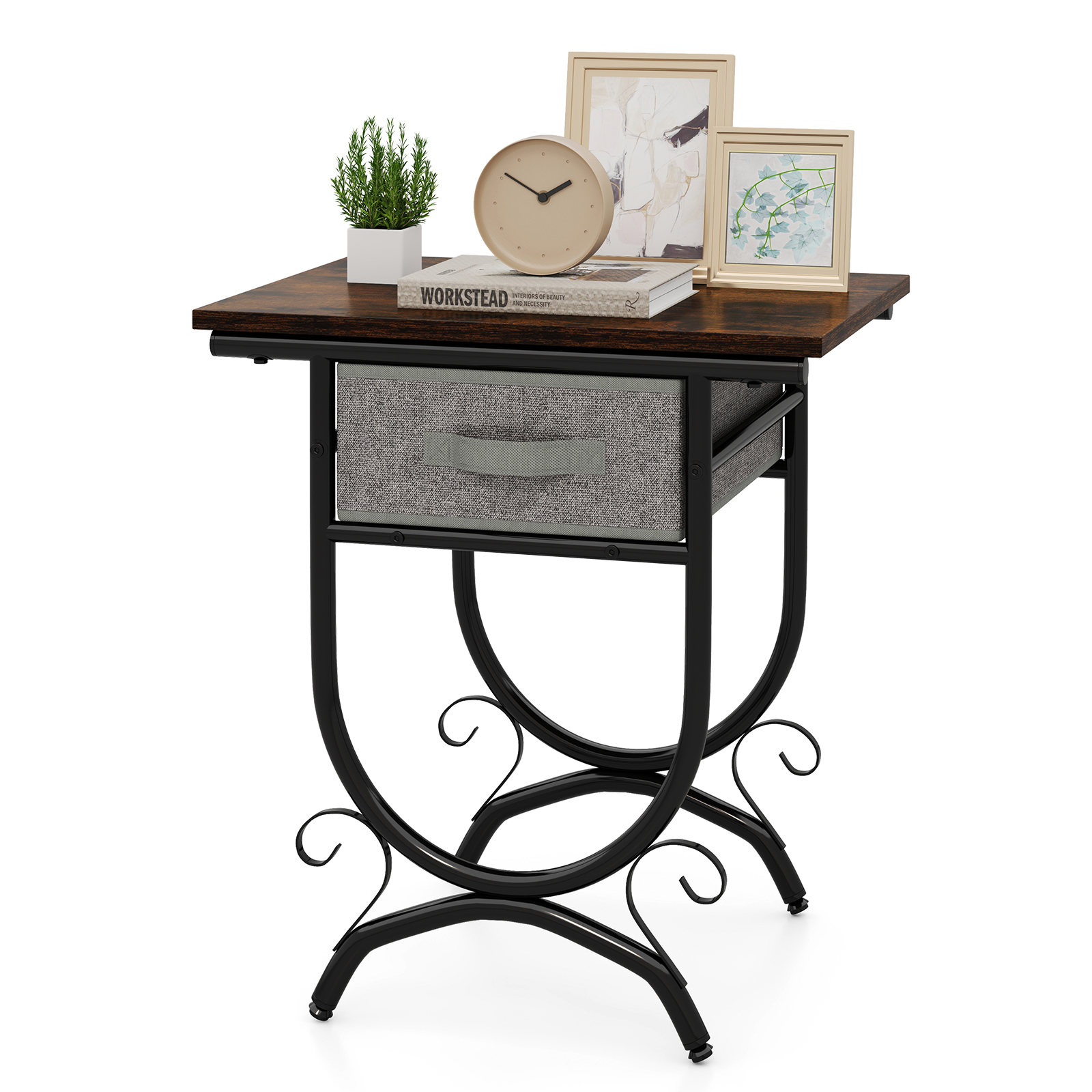 Nightstand W/ Fabric Drawer, Industrial 2-tier Bedside Table, Sofa Side Table W/ Wood Top & Metal Frame, Home Accent Table, Compact Coffee Display Table For Bedroom Living Room