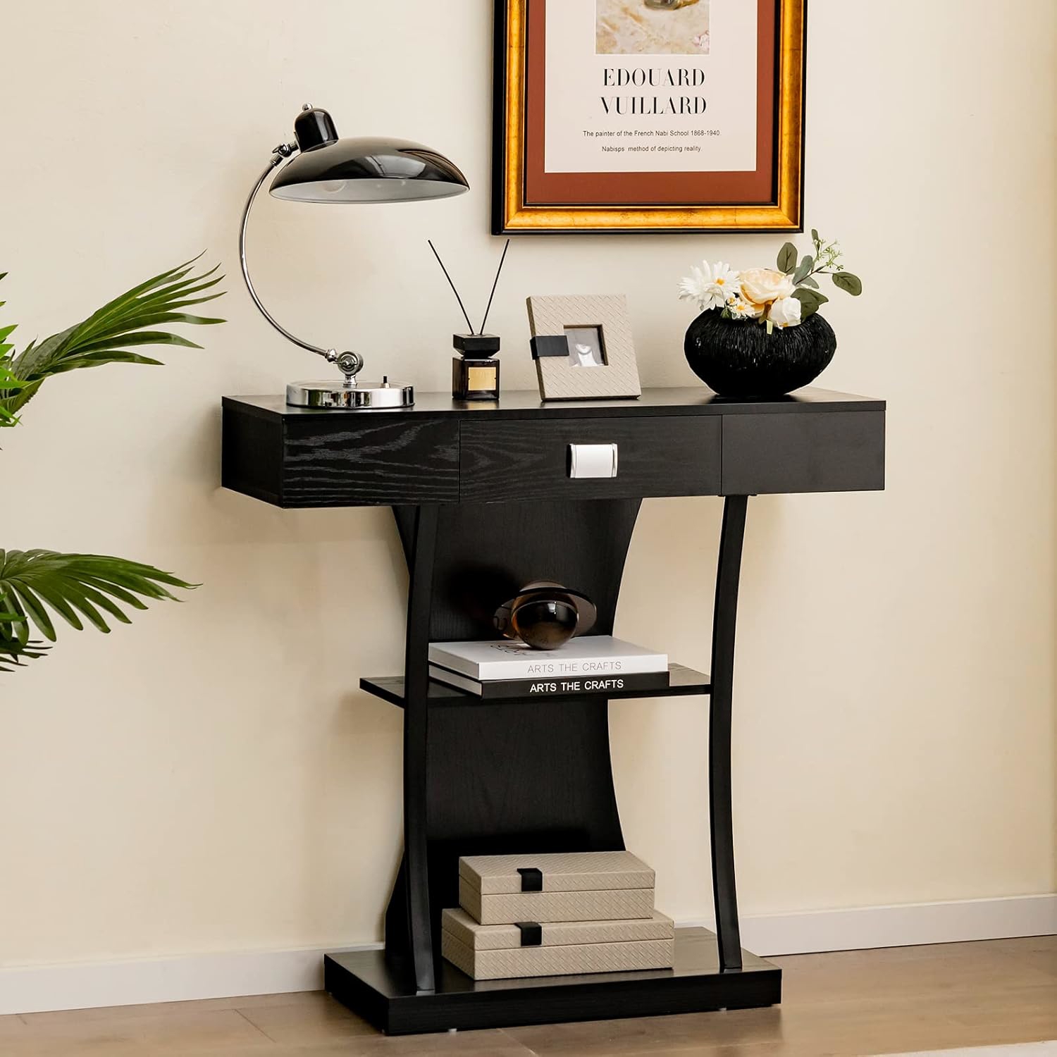 Image of T-shaped Console Table For Small Space, Behind Couch Table With Drawer, Shelves & Dual Anti-tipping Kits, Modern Foyer Table, Entryway Accent Table For Living Room & Bedroom, Black