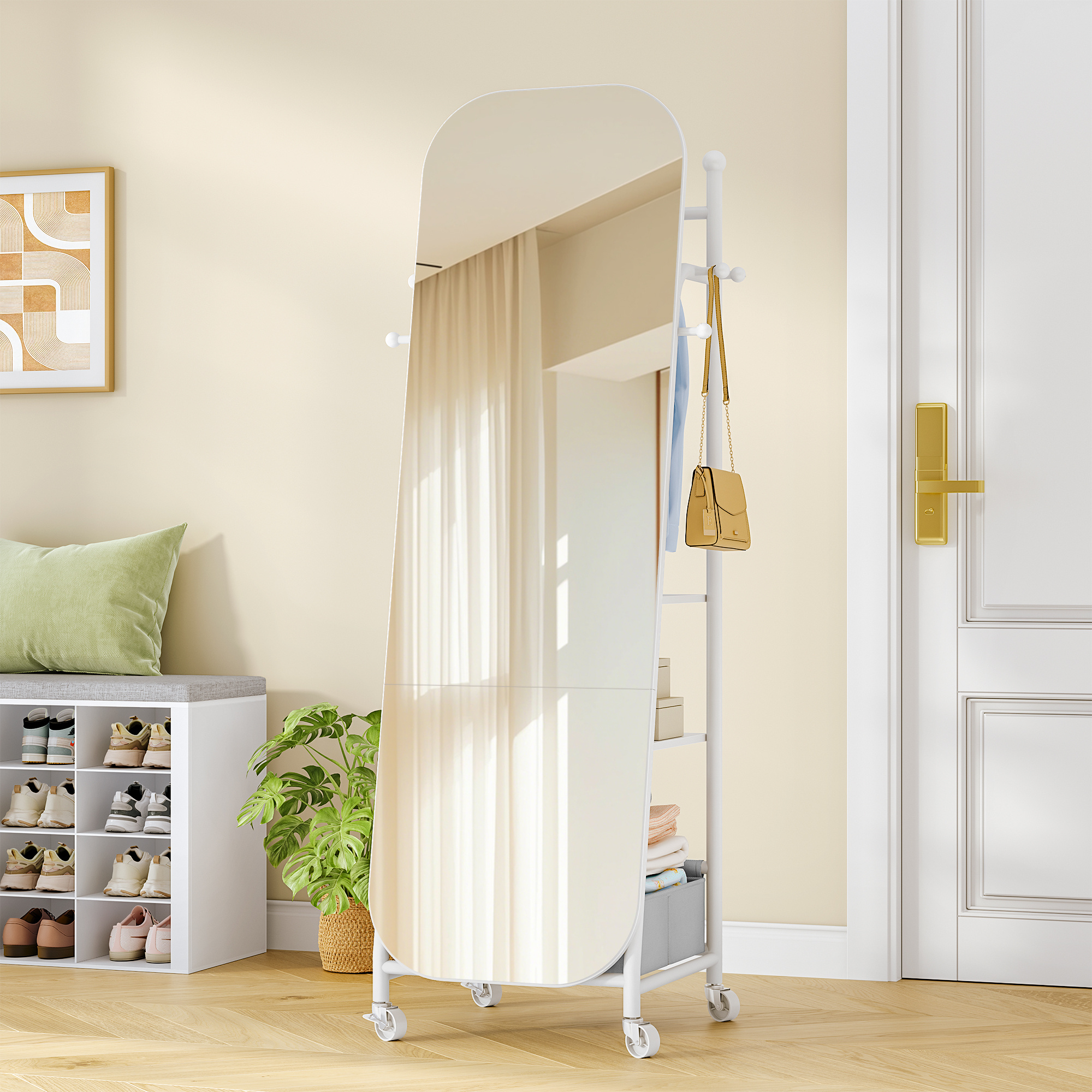 Image of Full-body Mirror, Floor-standing Mirror With Clothes Rack, 50 X 165.8 Cm, 360° Rotatable Wheels, Large Mirror With Storage Box And Hooks, For Bedroom And Living Room, White