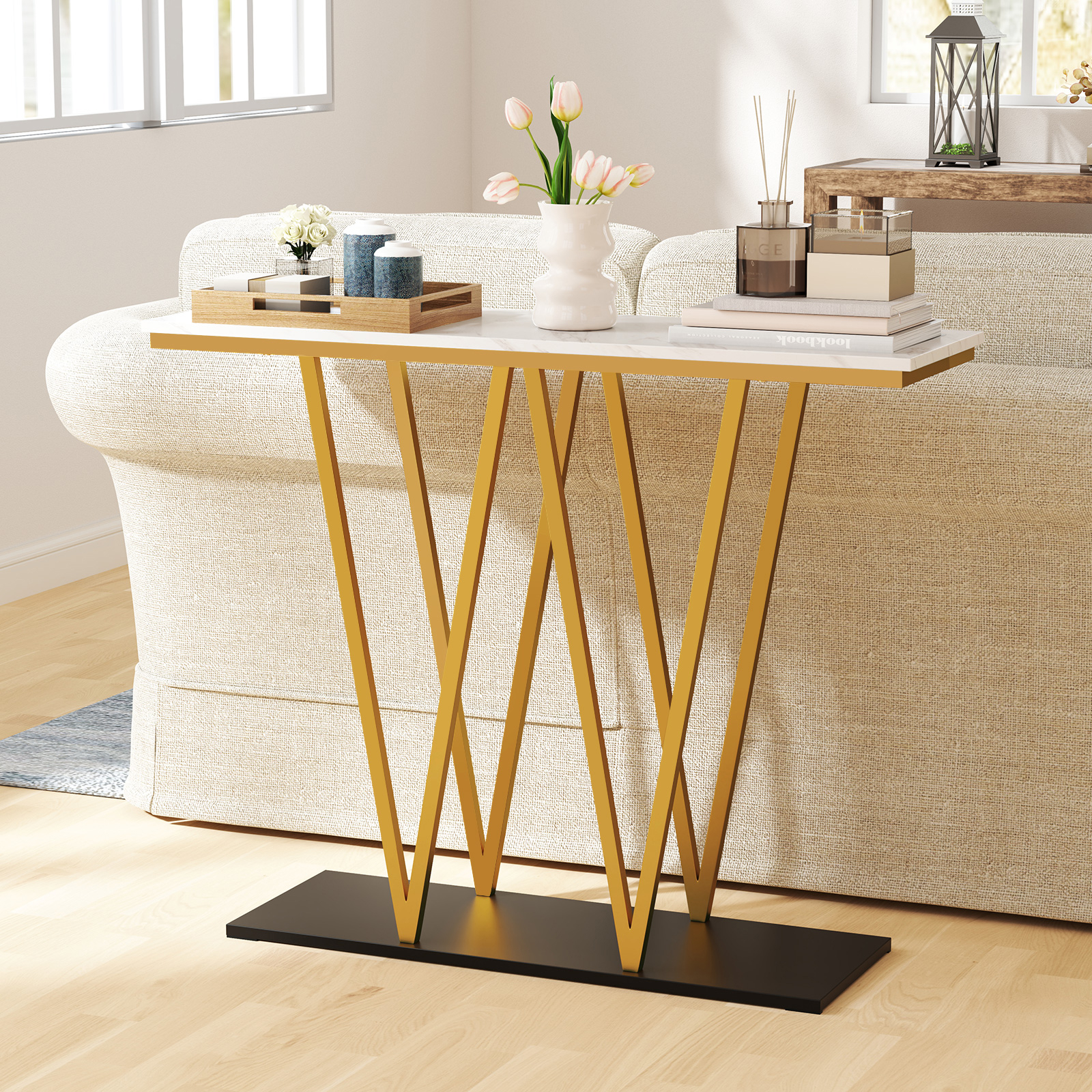 Gold Entryway Table, 40" Modern Console Table With Marble Table & Metal Frame, Geometric Behind Couch Table With Storage Base For Living Room, Entrance, Hallway, White