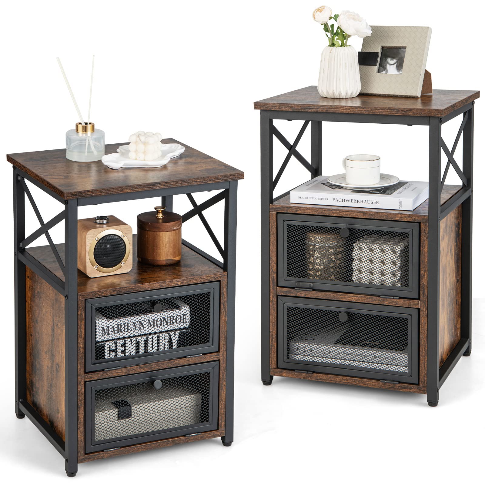 Modern Nightstand Set of 2, Industrial End Table w/ 2 Flip Drawers & Open Shelf, 3-tier Wooden Top Bedside Sofa Side Table w/ Metal Frame, 2 PCS Home Organizer Storage Unit for Living Room, Bedroom