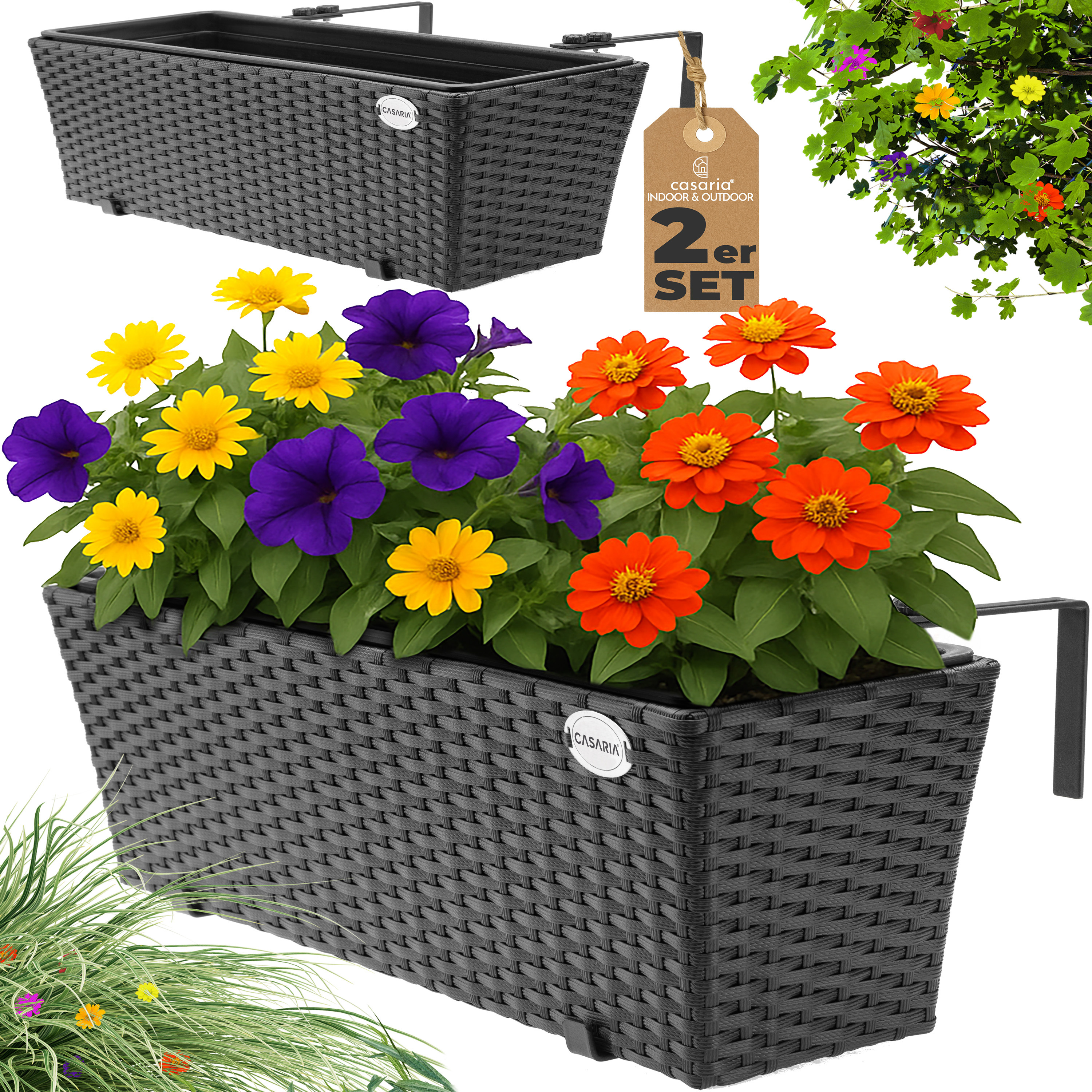 Image of Casaria® Flower Box Set Of 2, 11 Liter, Mounting Bracket, Indoor & Outdoor, Railing Box, , Planter Box