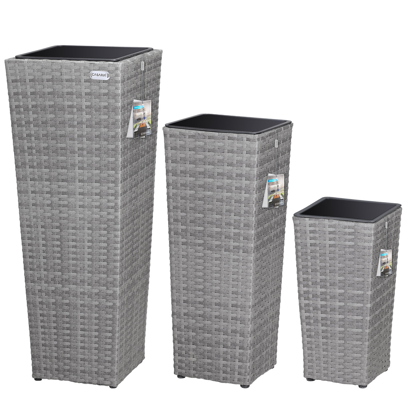 TEMU CASARIA® Lot de 3 pots de fleurs, jardinière en polyrotin avec drainage, pot de plantes d'extérieur rotin, bac à fleurs, noir/marron/crème