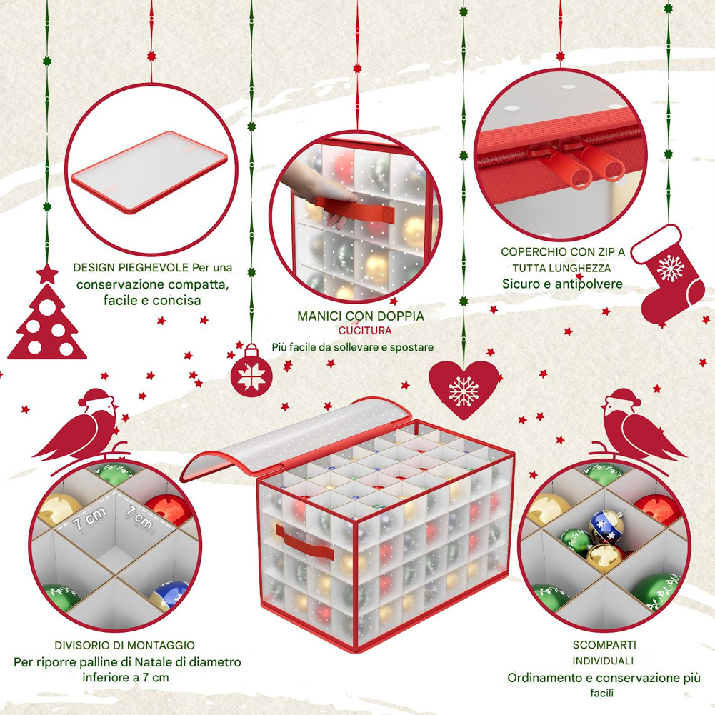 Scatola Organizer Per Palline Di Natale Zippeu - Contiene Fino A 75 Palline, 3 Vassoi Con Divisori, Tessuto Oxford