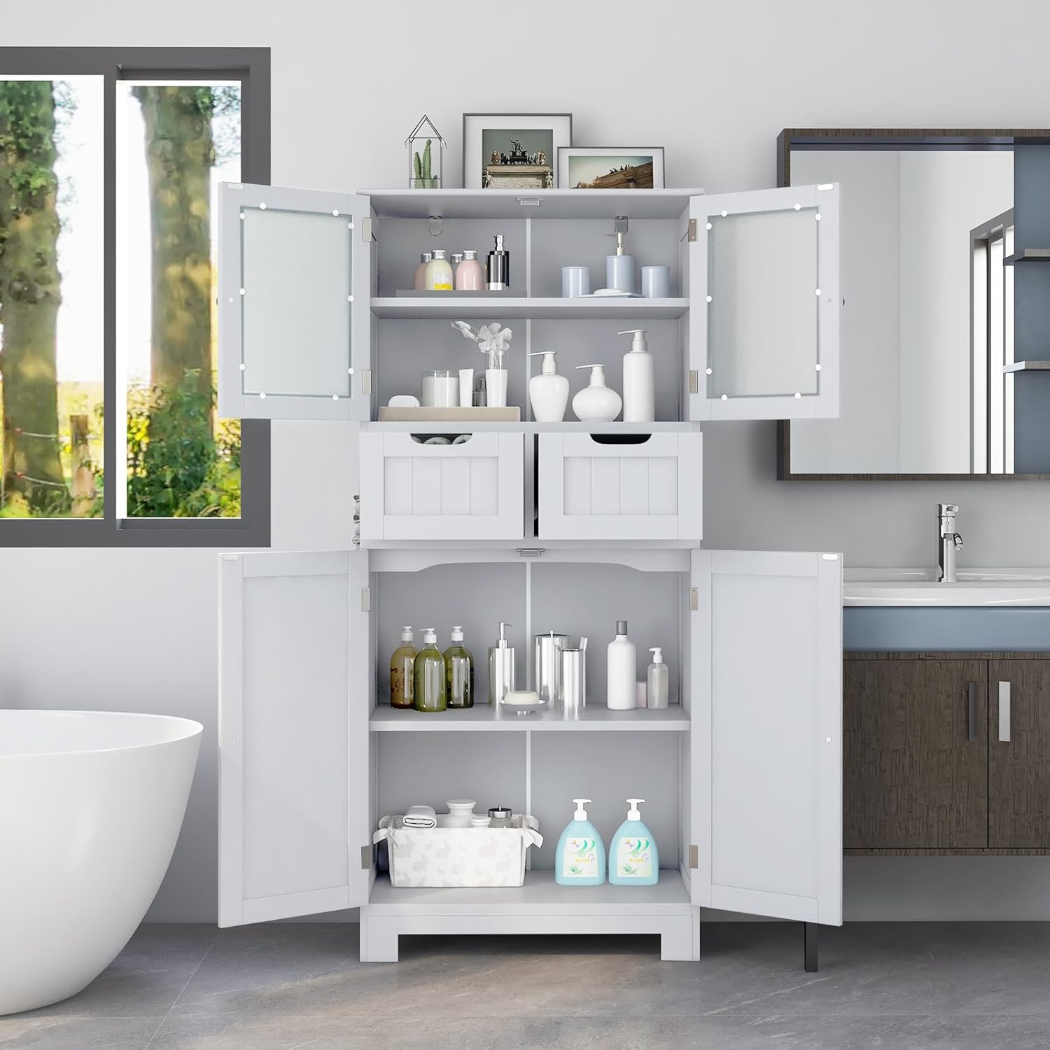 Image of High Bathroom Wardrobe, Furniture With 1 Tempered Glass Door Wardrobe, 2 Drawers And 1 Closed Wardrobe