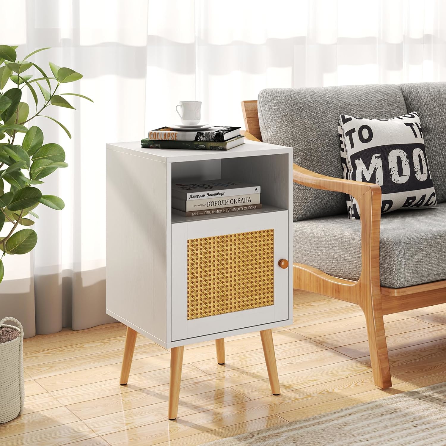 Rattan Nightstand With Storage, Bedside Table With Open Shelf And Pe Rattan Decorated Door, Solid Wood Legs, Farmhouse Style End Table For Bedroom, Living Room, White