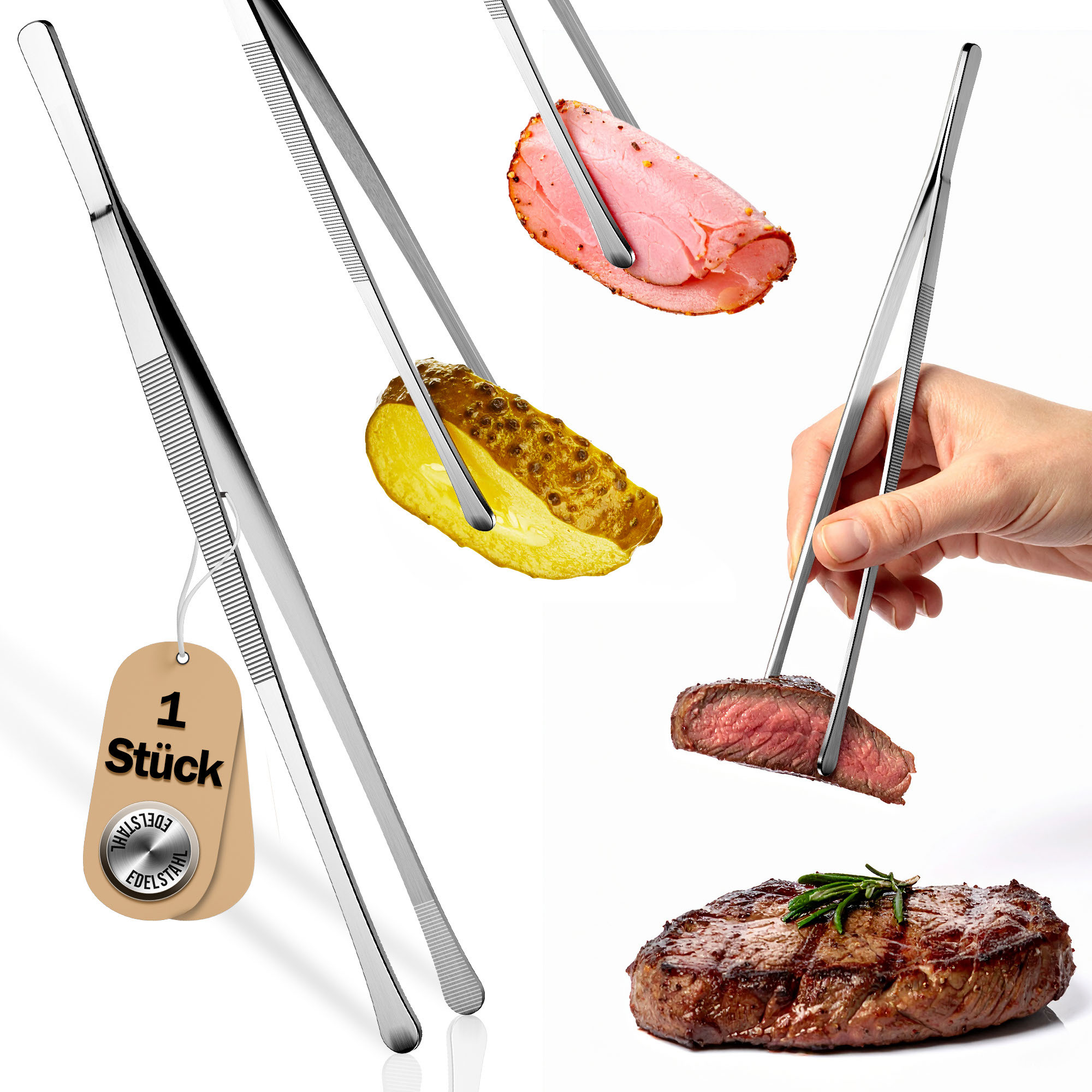 Image of Lindenstein Stainless Steel Cooking Tongs 30 Cm - Black Or Silver | Round Grill & Kitchen Tongs | Ideal For Cooking, Frying, Bbq | For Kitchen, Camping & Outdoor | Durable &