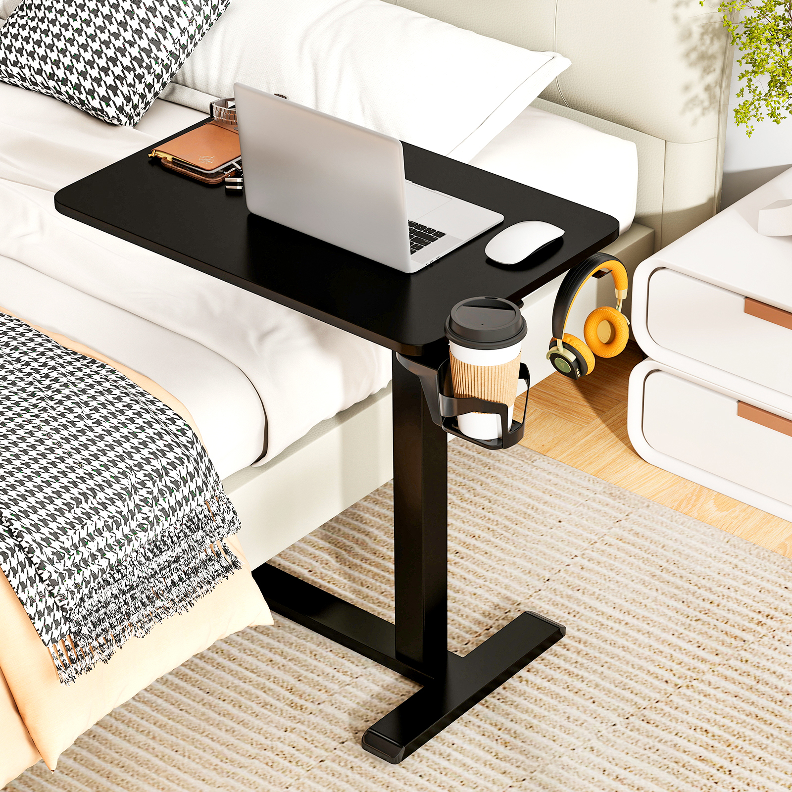 Mobile Standing Desk, Height Adjustable Overbed Bedside Table W/ Cup Holder & Headphone Hook, Pneumatic Rolling Laptop Desk W/ Hidden Wheels, Sofa Side Table For Living Room Bedroom Study, Black