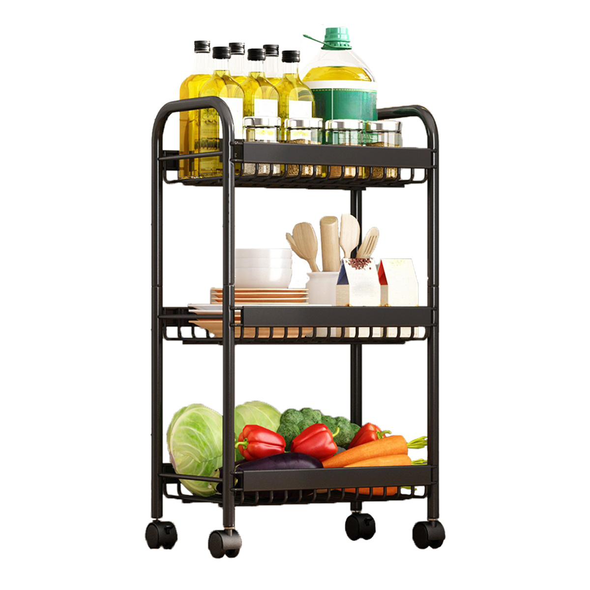 Image of ® Narrow 3-tier Metal Serving Cart, Space-saving Kitchen Cart With Wheels, Rolling Cart With Handles, Cart For Kitchen, Bathroom, Dining Room, Garden, Craft Cart