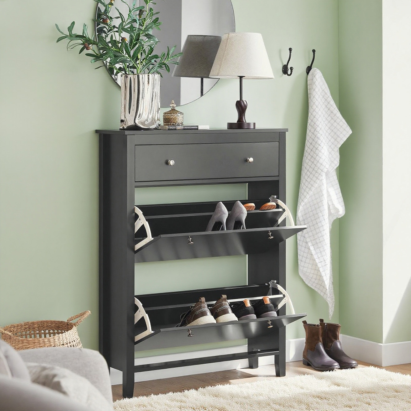 Shoe Rack With 2 Doors, Shoe Cabinet With Drawer, Shoe Commode, Shoe Storage, Black Bht, . 80x108x25cm Fsr89-sch