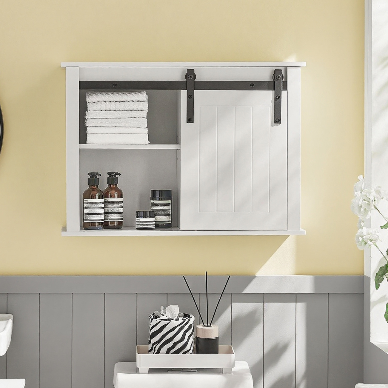 Image of 1-piece Wall-mounted Bathroom Cabinet, Hanging Toilet Cupboard, Storage Cabinet, Tall Toilet Furniture With 1 Barn Door, 68 X 20 X 48 Cm, White - Cas82-x