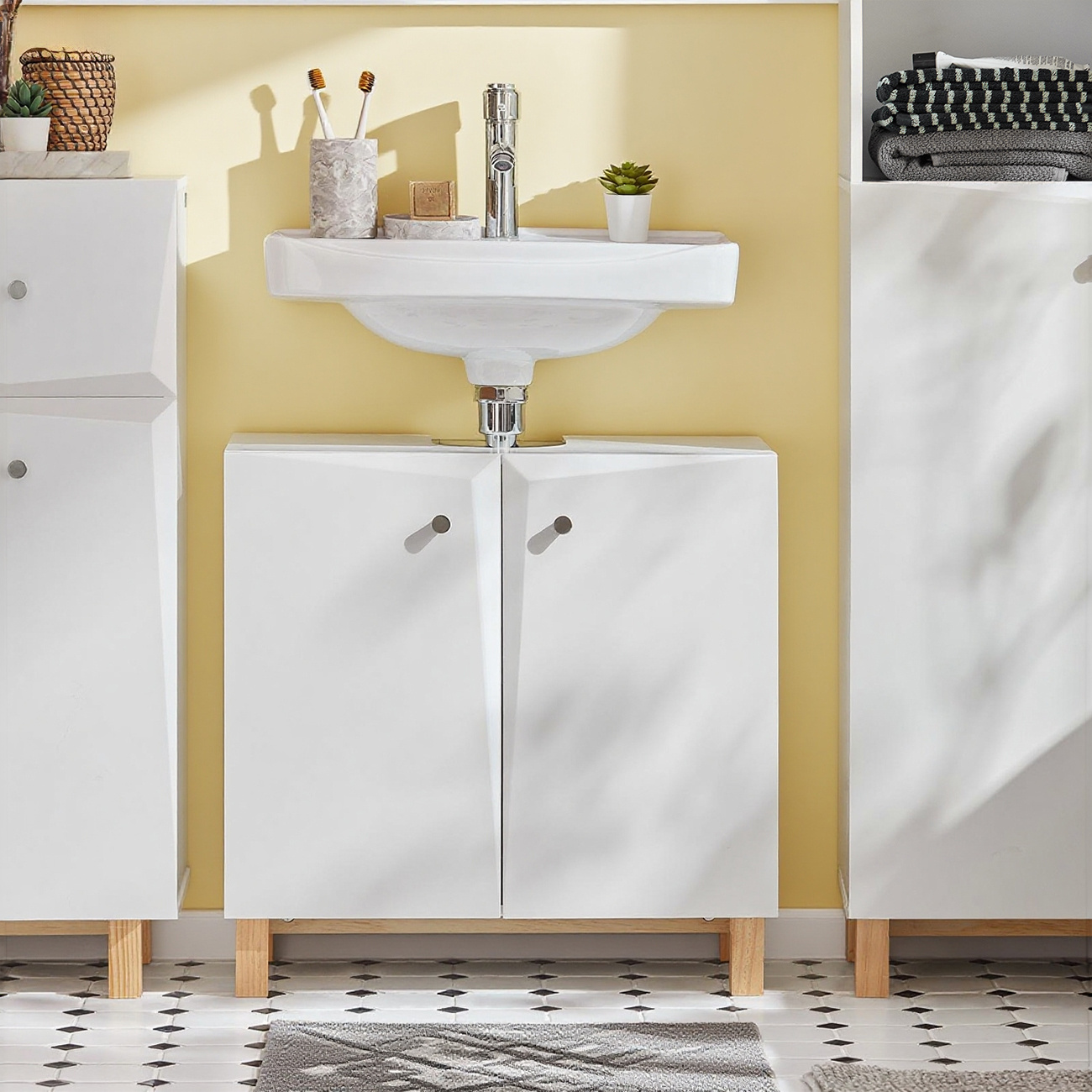 TEMU 1 stuks Badkamer Wastafelkast, Badkamerkast, Badkamermeubilair, Badkamer Armoire, Opbergkast, Badkamer Plank met 2 Deuren, 60X30X60 Cm, Wit, -