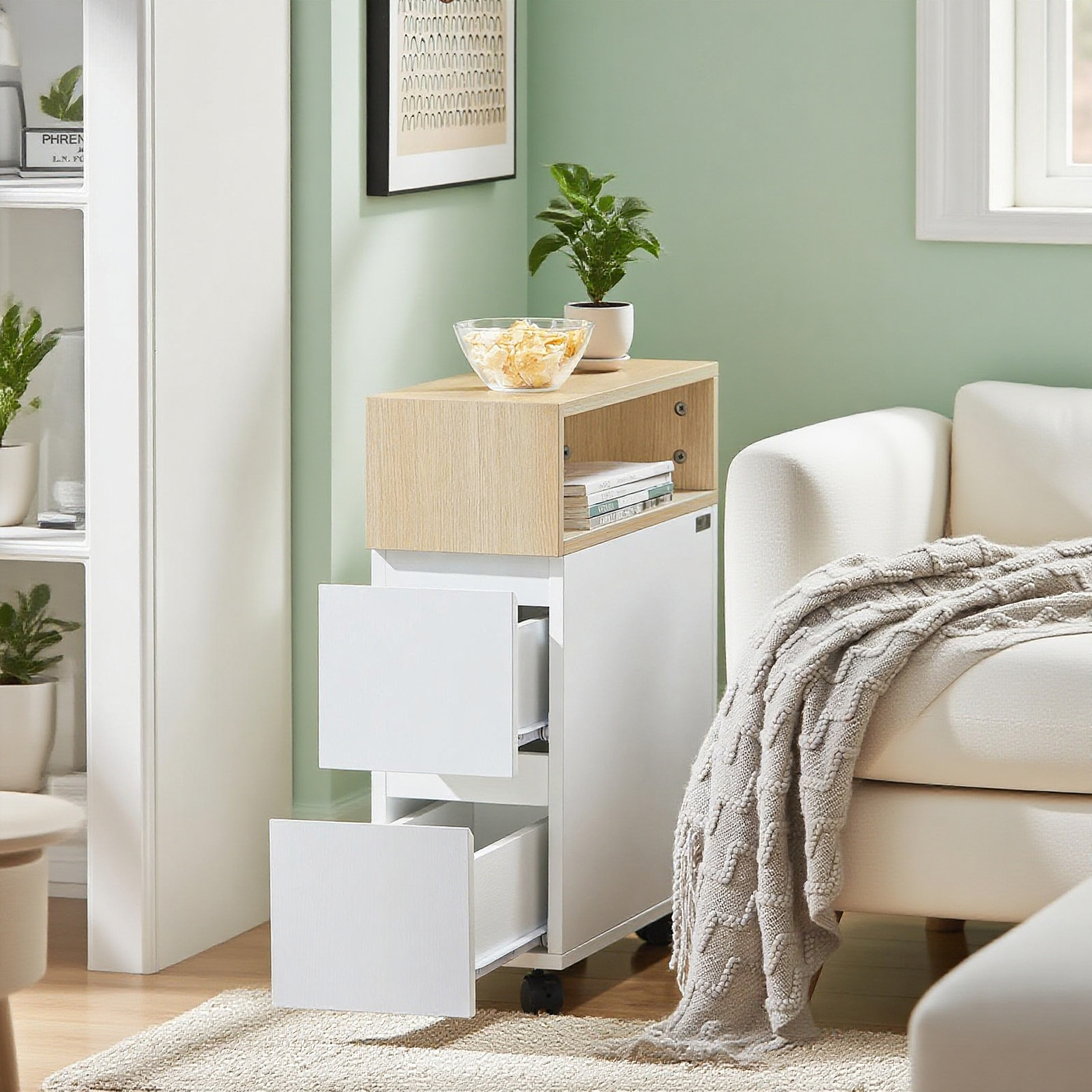 1pc Appointment Table On Wheels With 2 Drawers - Multifunctional Bedside Table For Bedroom/living Room - Compact Storage Furniture 50x20x61 Cm White/natural - Gcu266-xo