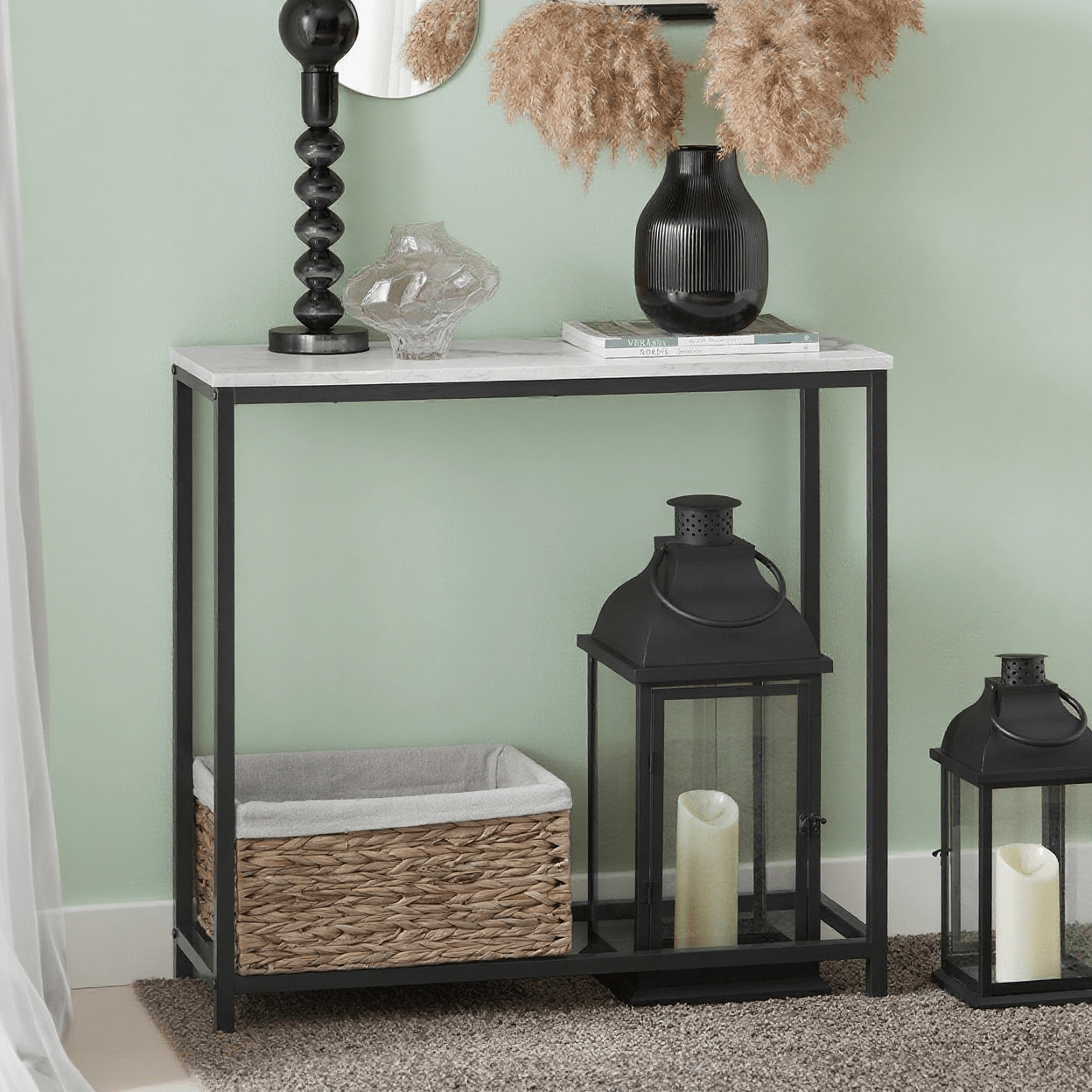 1pc Console Table, Side Table, Sofa End Table, Entryway Table With Marble Effect, High-quality And – L80cm X W30cm X H75cm – Black – Gtc40-