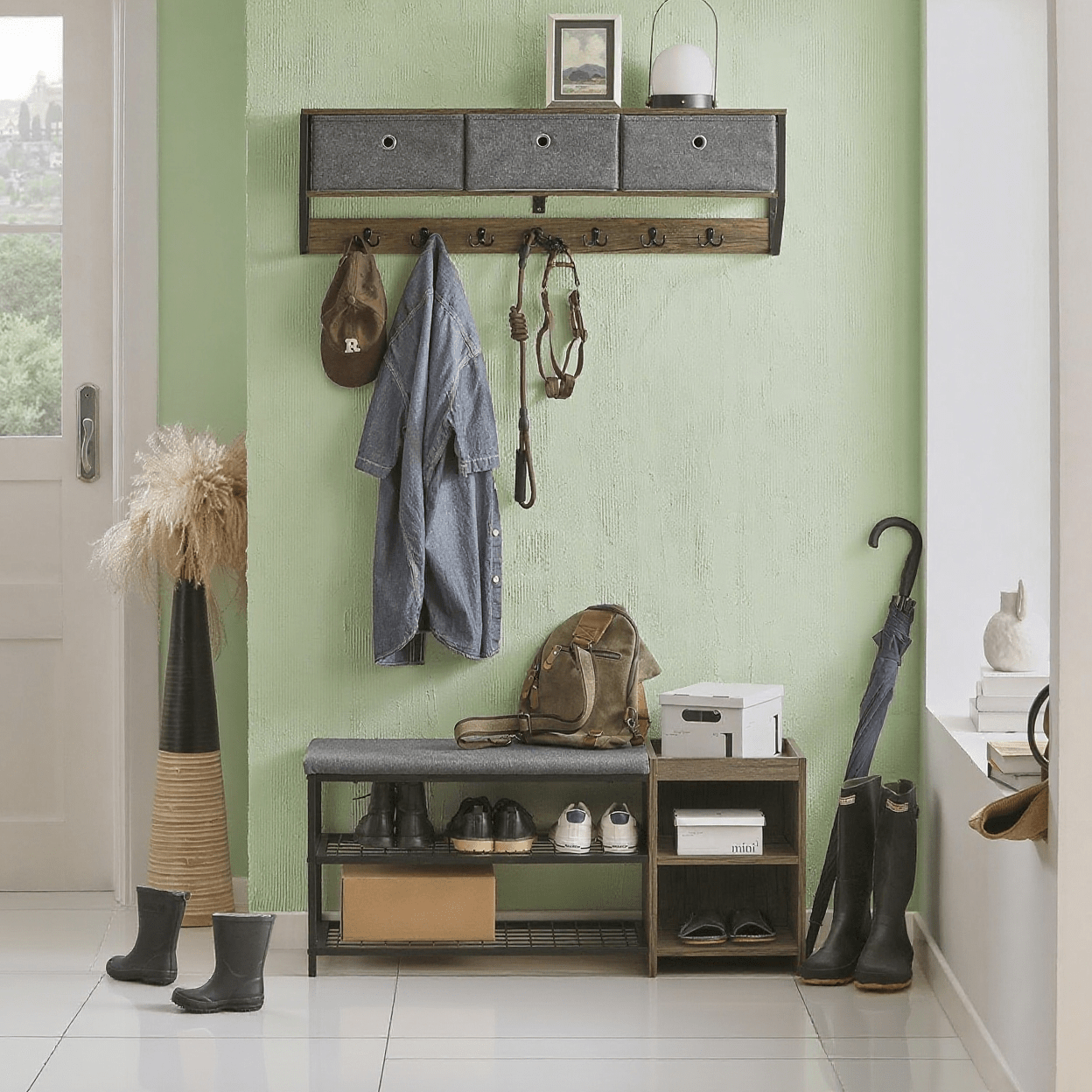 Wall Coat Rack Hallway Coat Rack With 3 Baskets And 7 Hooks, Vintage Style, . Dimensions: 100x30x20cm, Fhk26-n