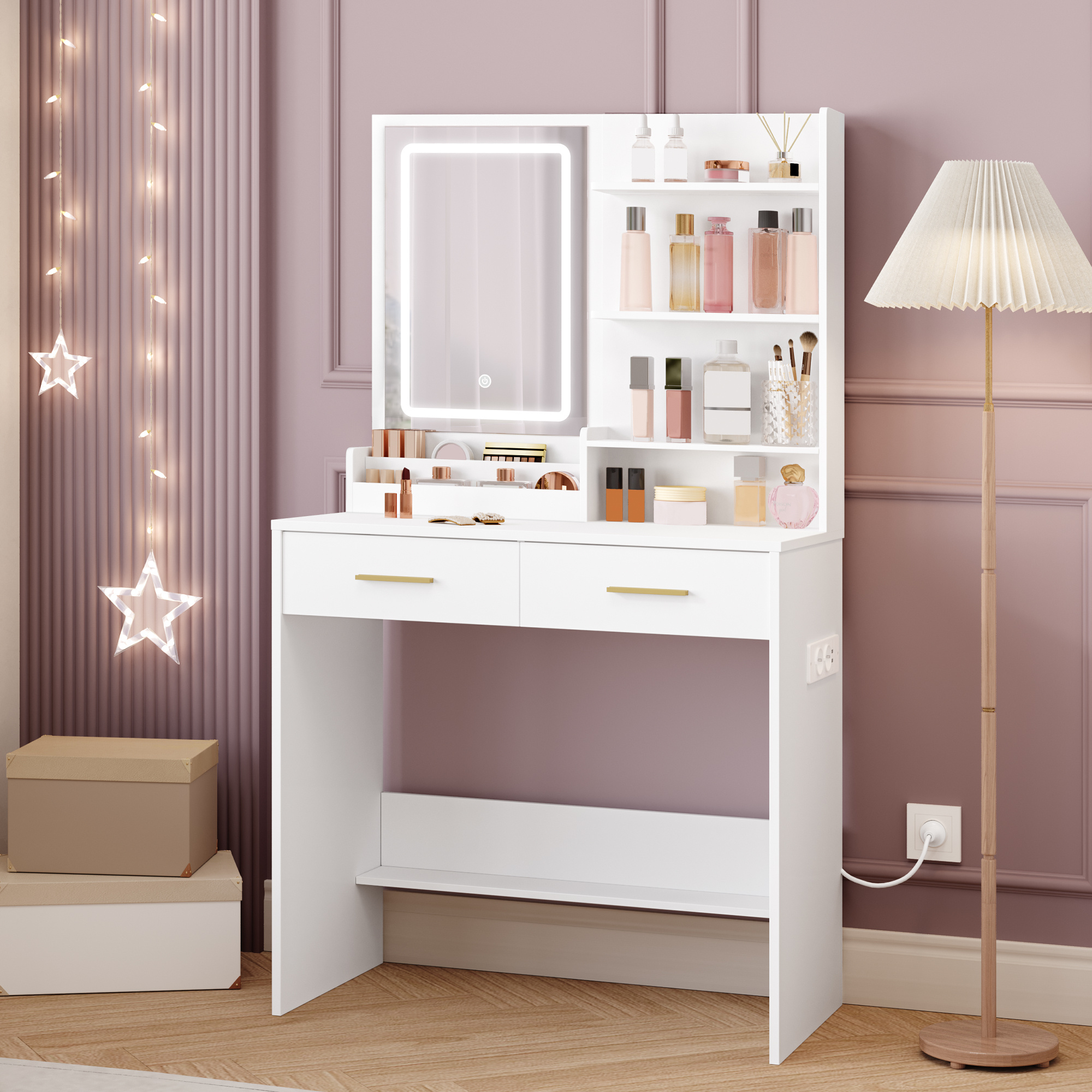 TEMU Tocador de Maquillaje, con Espejo y luz LED Regulable, 2 y 2 Puertos de USB, con 2 Cajones y 4 Estantes Abiertos, Compartimento Organizador,