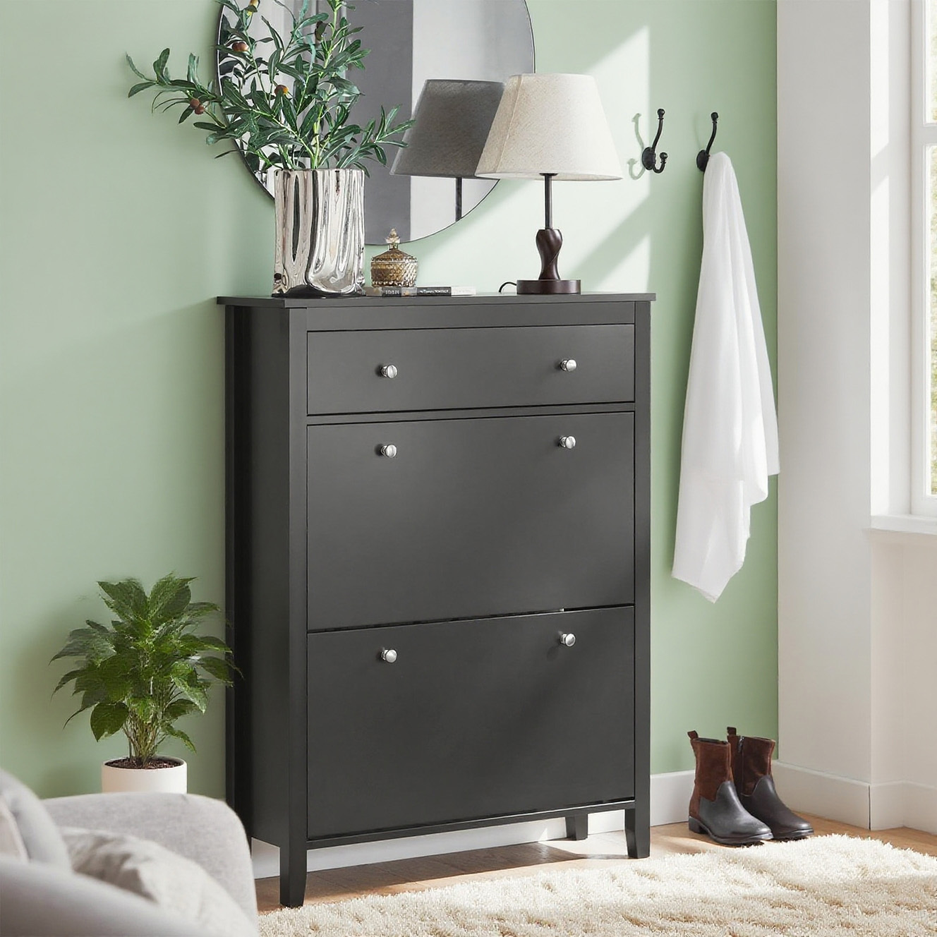 Shoe Rack With 2 Doors, Shoe Cabinet With Drawer, Shoe Commode, Shoe Storage, Black Bht, . 80x108x25cm Fsr89-sch