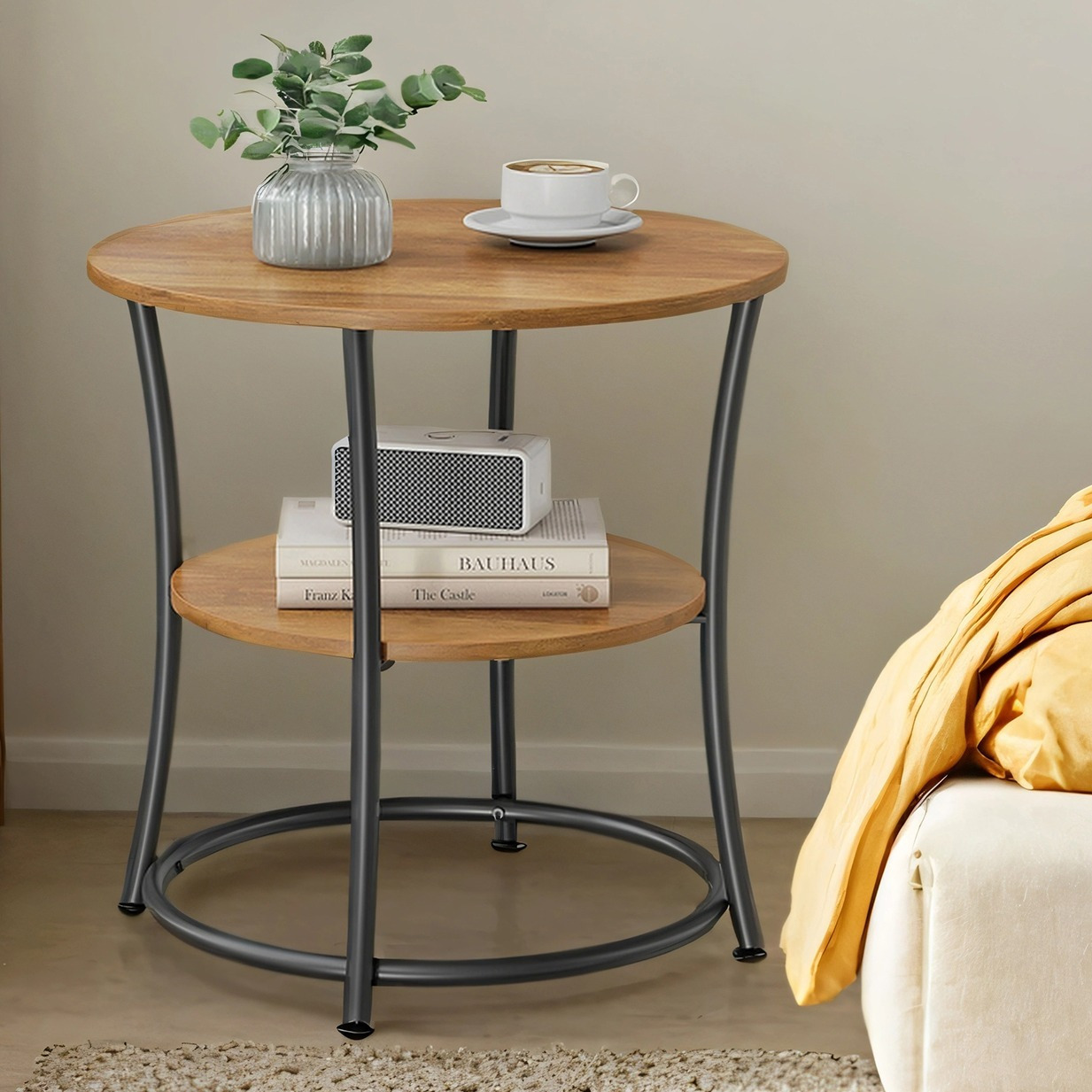 E-shop Runder Beistelltisch mit Ablage, Nachttisch, Couchtisch, Sofatisch, 55 x 55 x 55 cm, Stahlgestell, Vintage-Industrie-Design, geeignet für