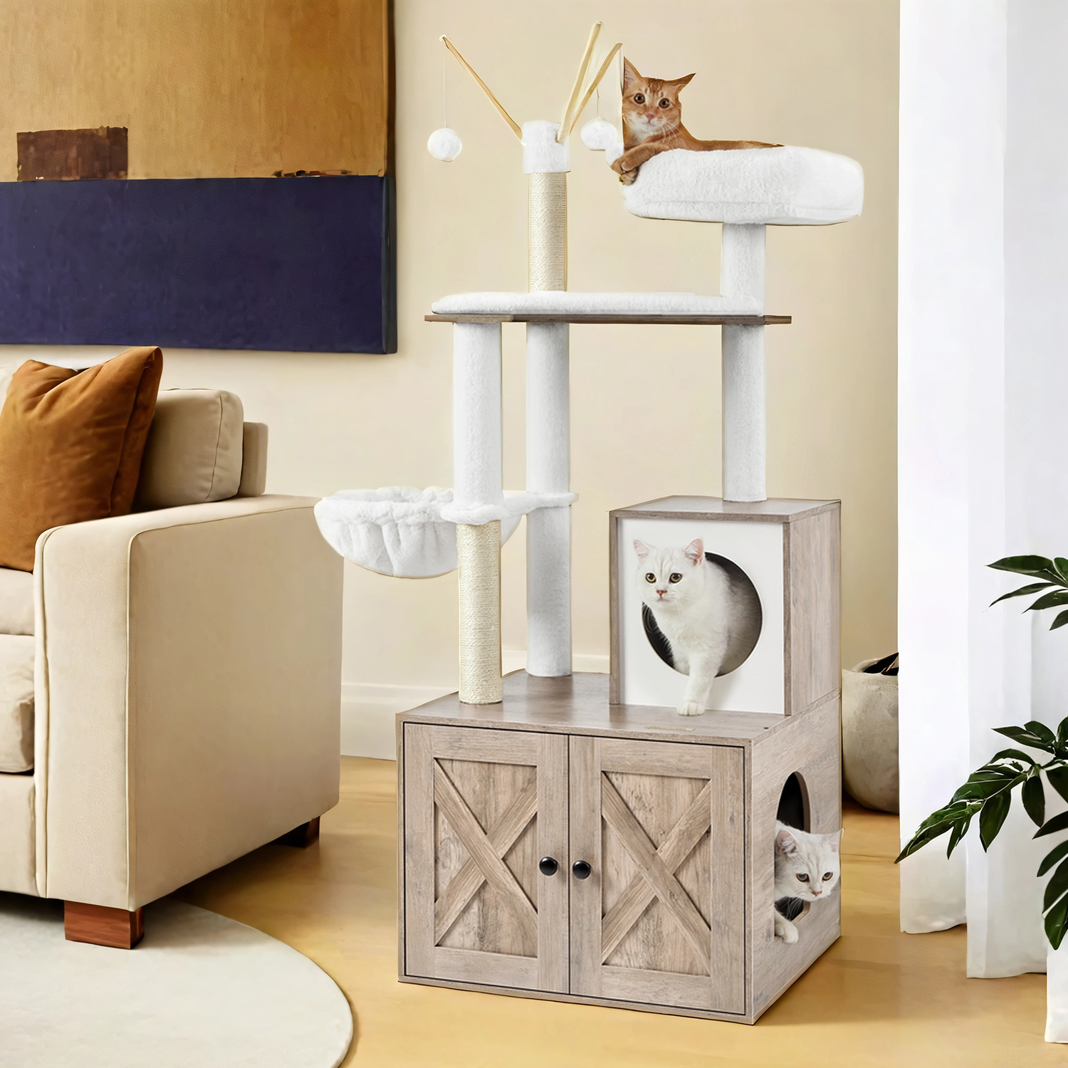 TEMU Arbre à Chat avec Meuble pour Litière, Tour Moderne avec Poteaux à , Bâtonnets de Pompon Amovibles