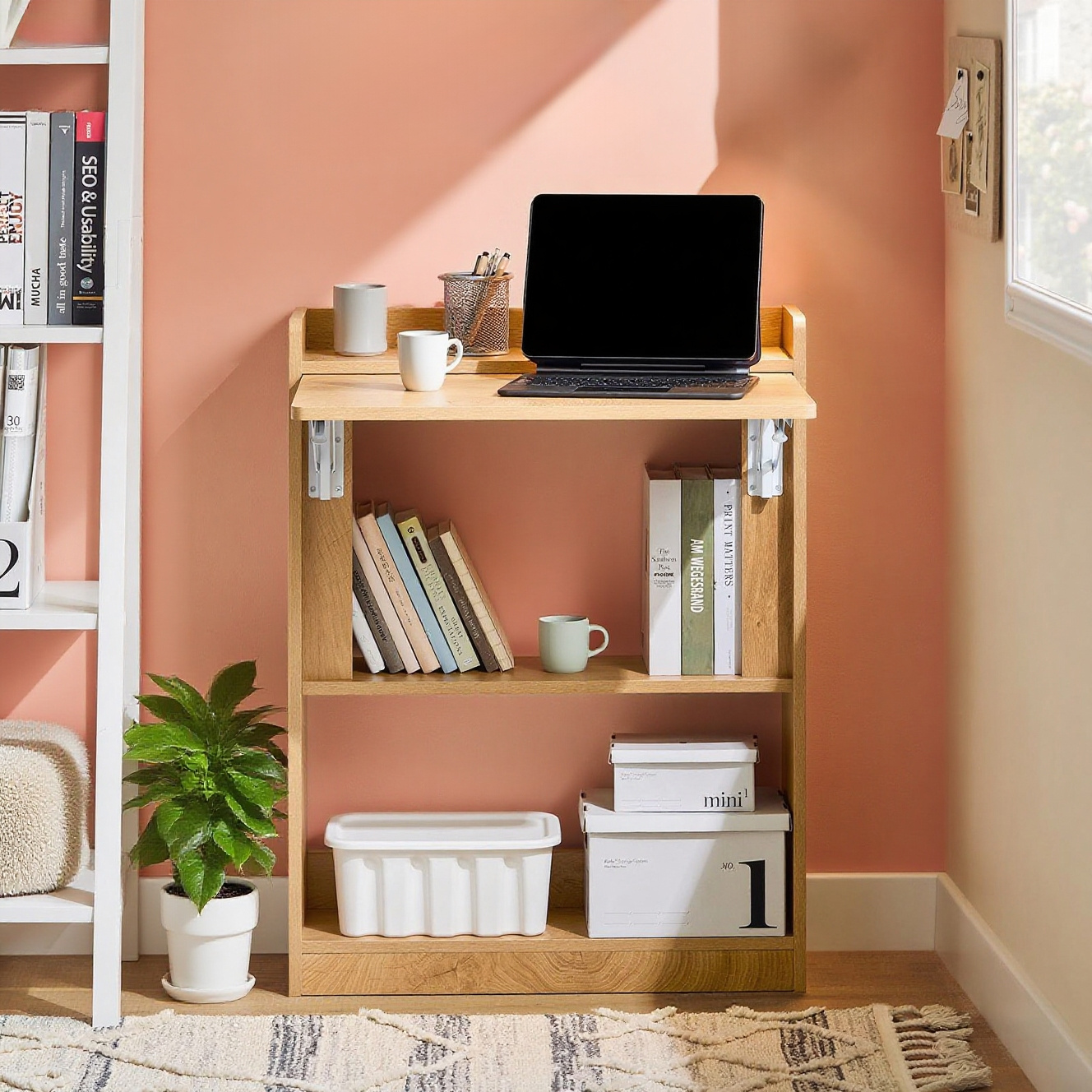 Folding Desk Computer Table With Shelves, Small Desk, Work Table, Office Table, Folding Table For Home Office, Wall-mounted Table, Laptop Table, Natural, 64x82x58cm, Fwt92-n