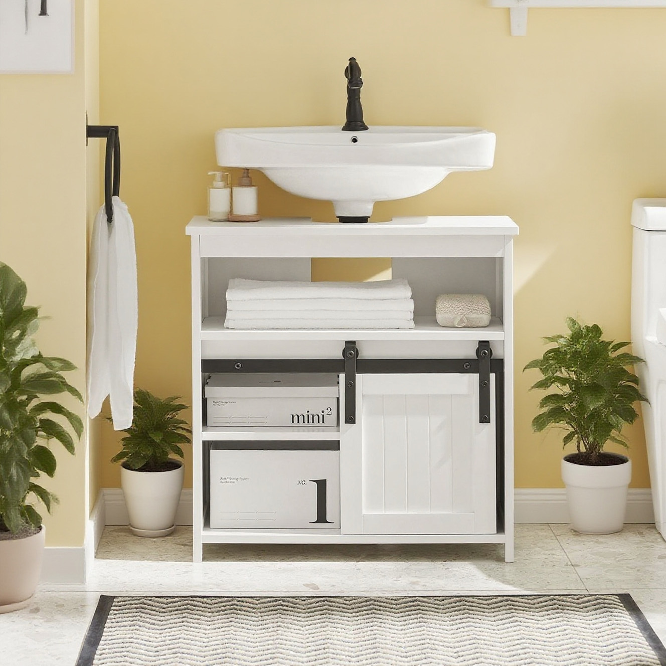 Image of 1-piece Under-sink Cabinet, Bathroom Furniture, Storage Cabinet, Bathroom Cabinet With Shelves And Barn Door, 60x30x62 Cm, White - Cas72-x