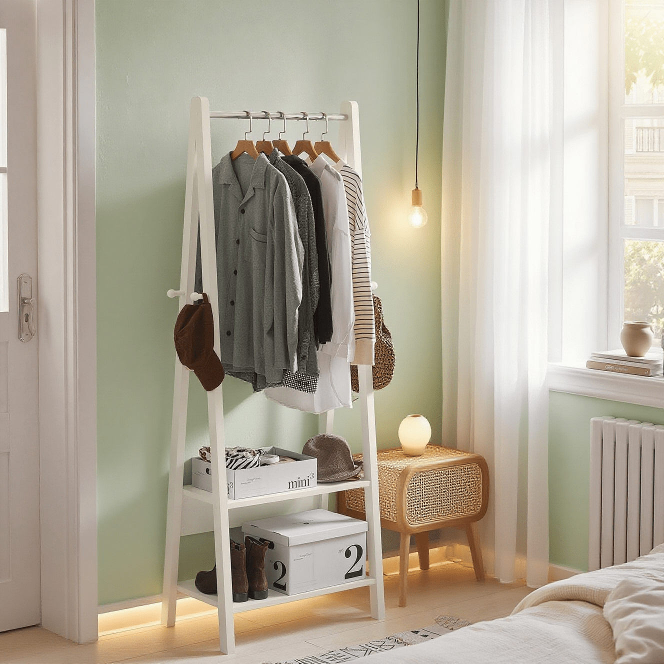 Image of 1pc Of Clothes Rack With 2 Shelves, Modern Coat Rack & Hanging Rail For Bedroom & Hallway, White - Gsh70-x