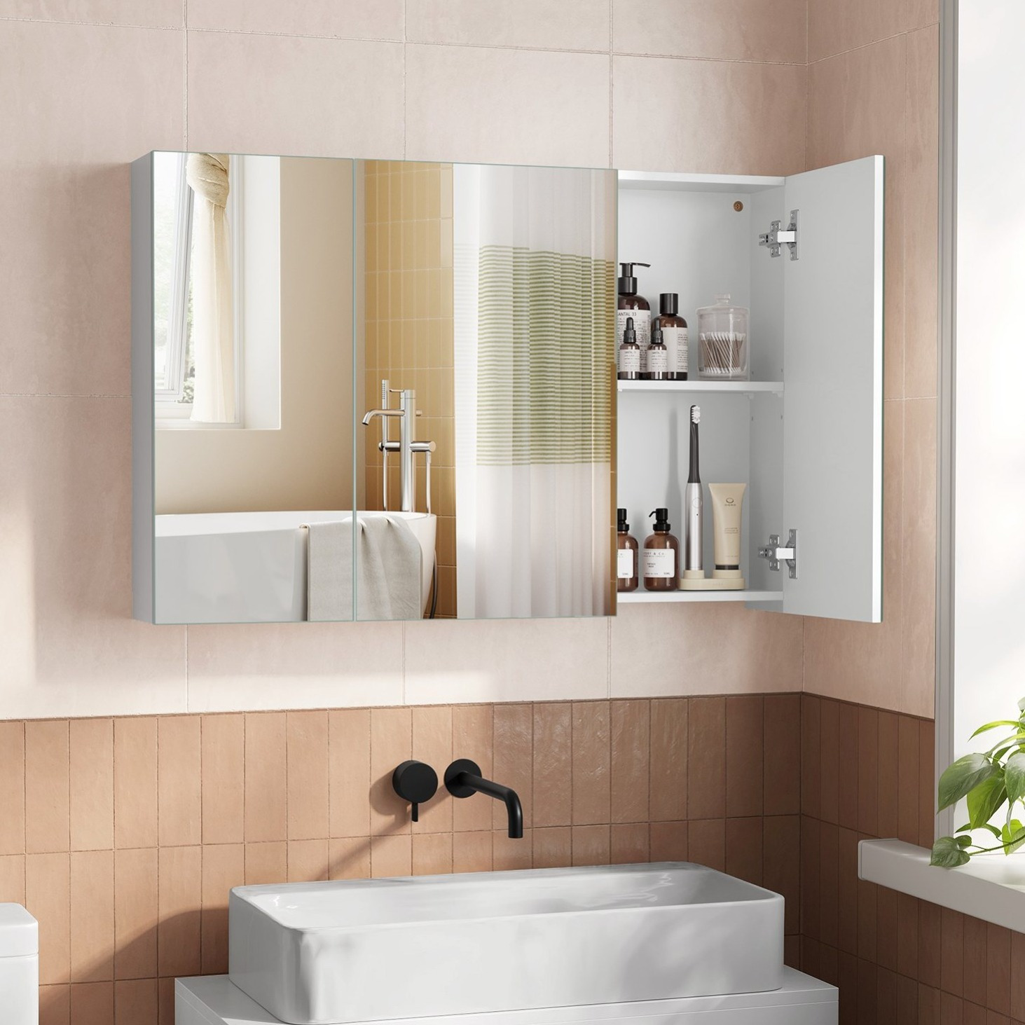 Image of Bathroom Cabinet, Bathroom Cabinet, Mirror Cabinet, Wall Cabinet, Storage Cabinet With 3 Doors, For The Bathroom, 15 X Cm, With Adjustable Shelves, Modern, White
