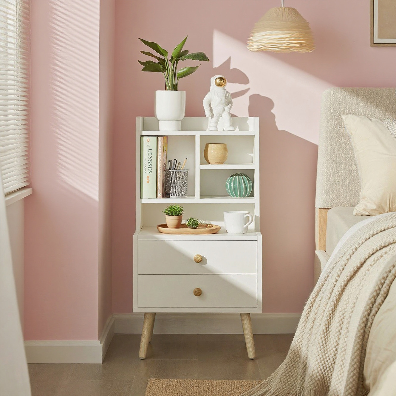 Image of 1 Piece Modern Nightstand With Drawers & Open Shelves, Nightstand With Pine Wood Legs, Storage For Bedroom & Living Room, White - Sobuy Gcu211-x