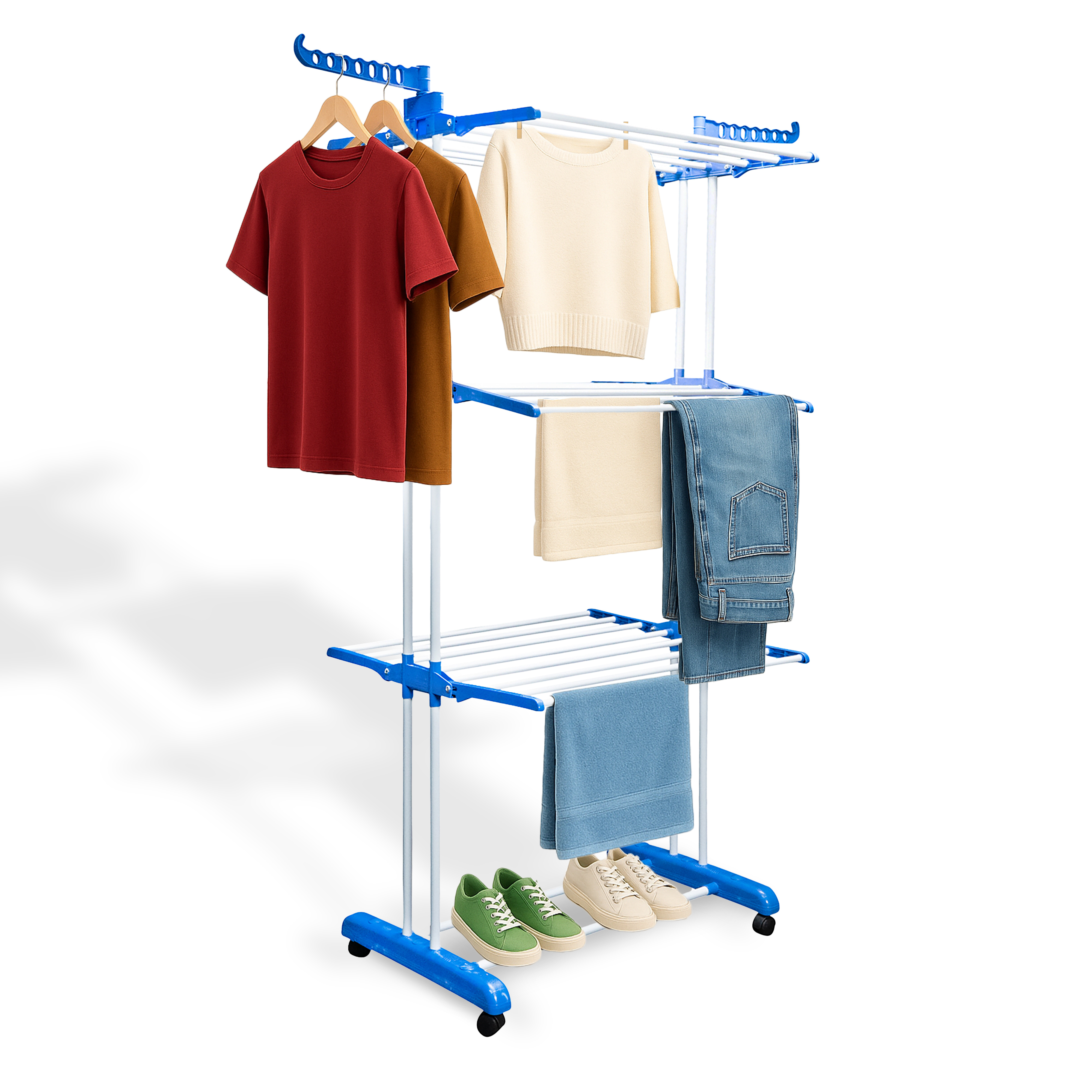 E-shop Wäscheständer Turm mit Rädern, und platzsparend, 4 Etagen, 6 Faltbare Flügel, und standfest, mobiler Turm Wäscheständer Trockenständer