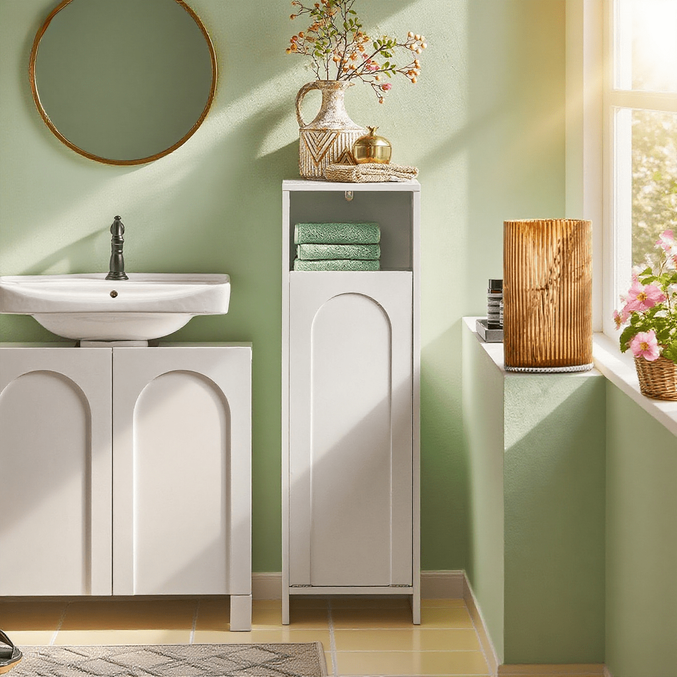 Image of Bathroom Furniture With Laundry Hamper, Removable Bag, And Silicone Feet, Narrow Cabinet For Guest Wc, Small Spaces, White, 30 × 30 × 97 Cm, Sobuy